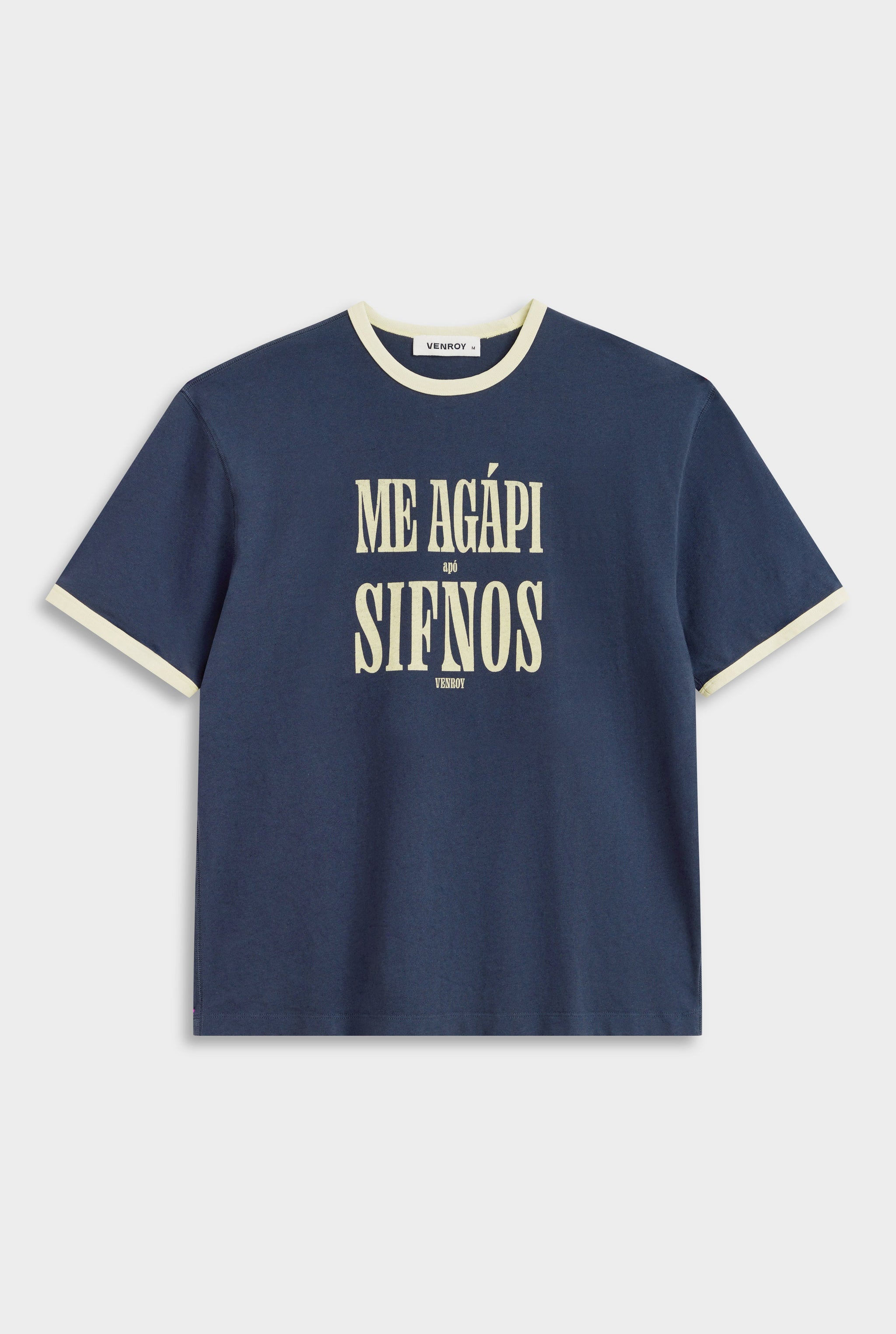 Cotton Linen Ringer T Shirt - Navy/Pastel Yellow