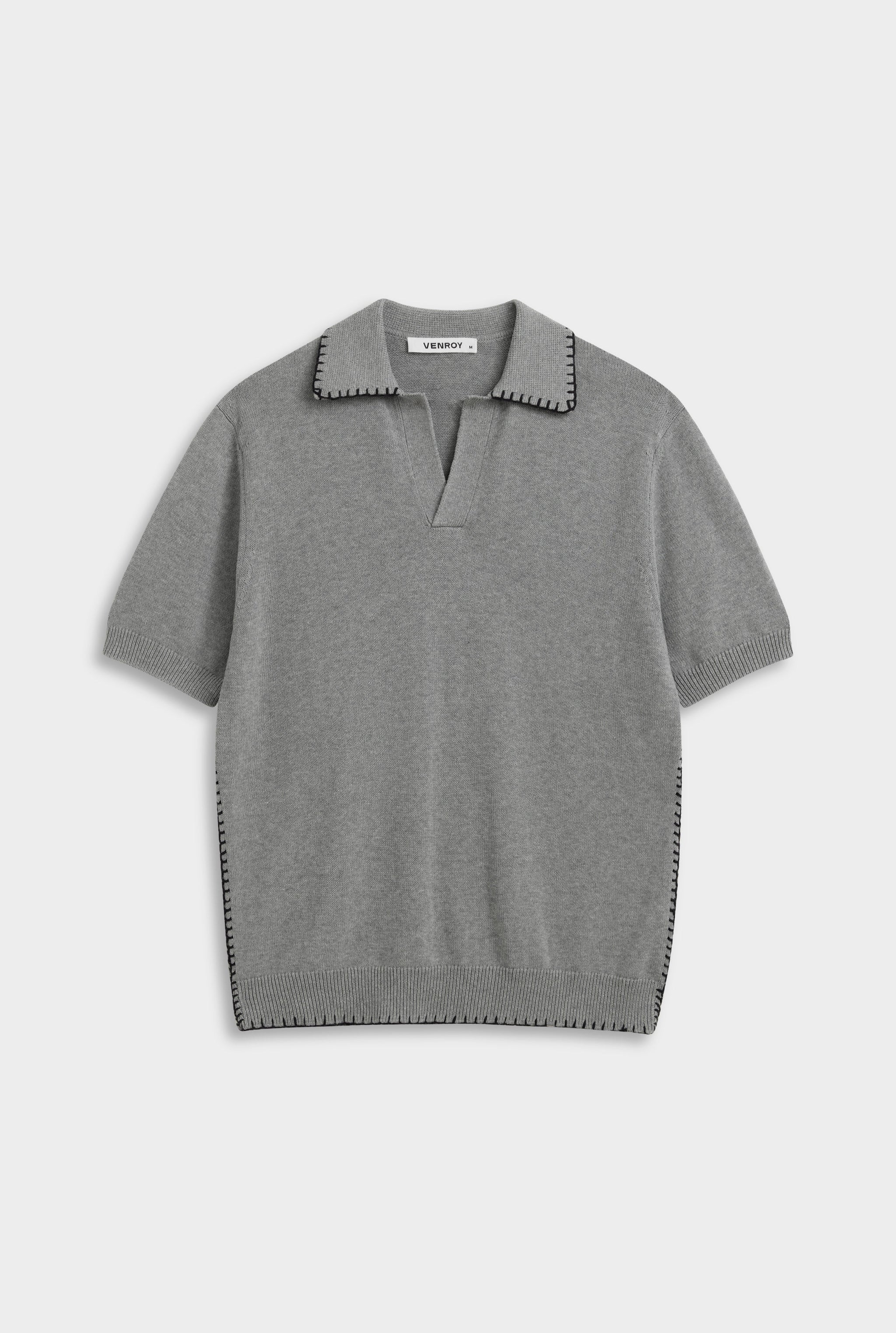 Whipstitch Chunky Cotton Knit Polo - Grey Marl/Black