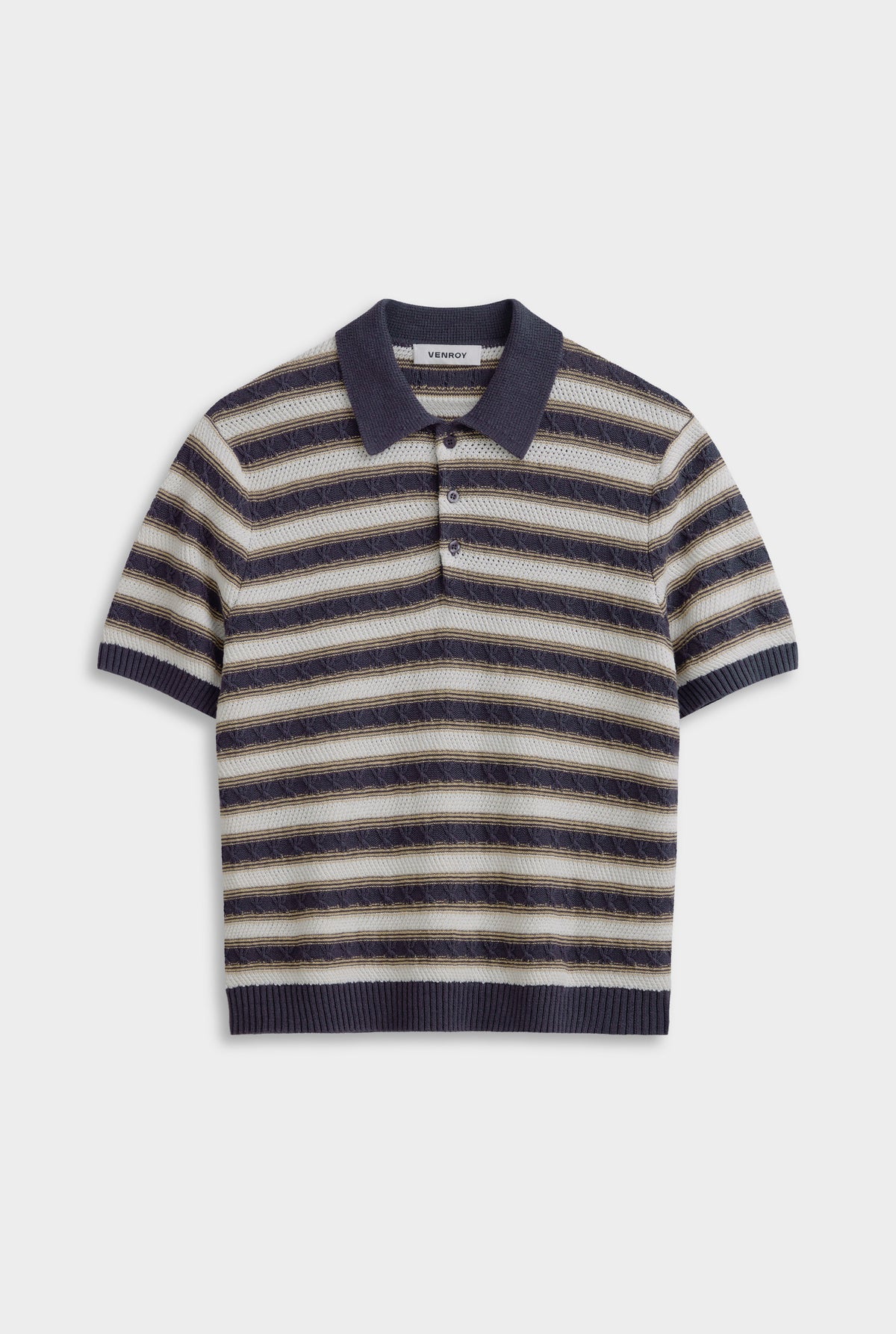 Textured Cotton Linen Knit Polo - Off White/Navy/Pale Yellow [[AU_MEDIA:gid://shopify/MediaImage/27958875160663]]