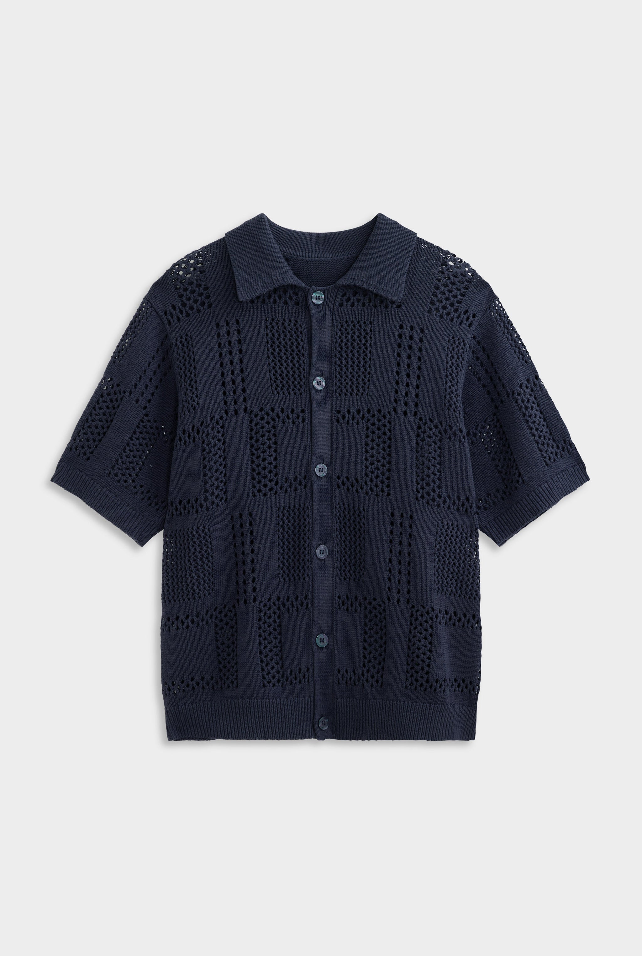 Check Crochet Knit Shirt - Navy