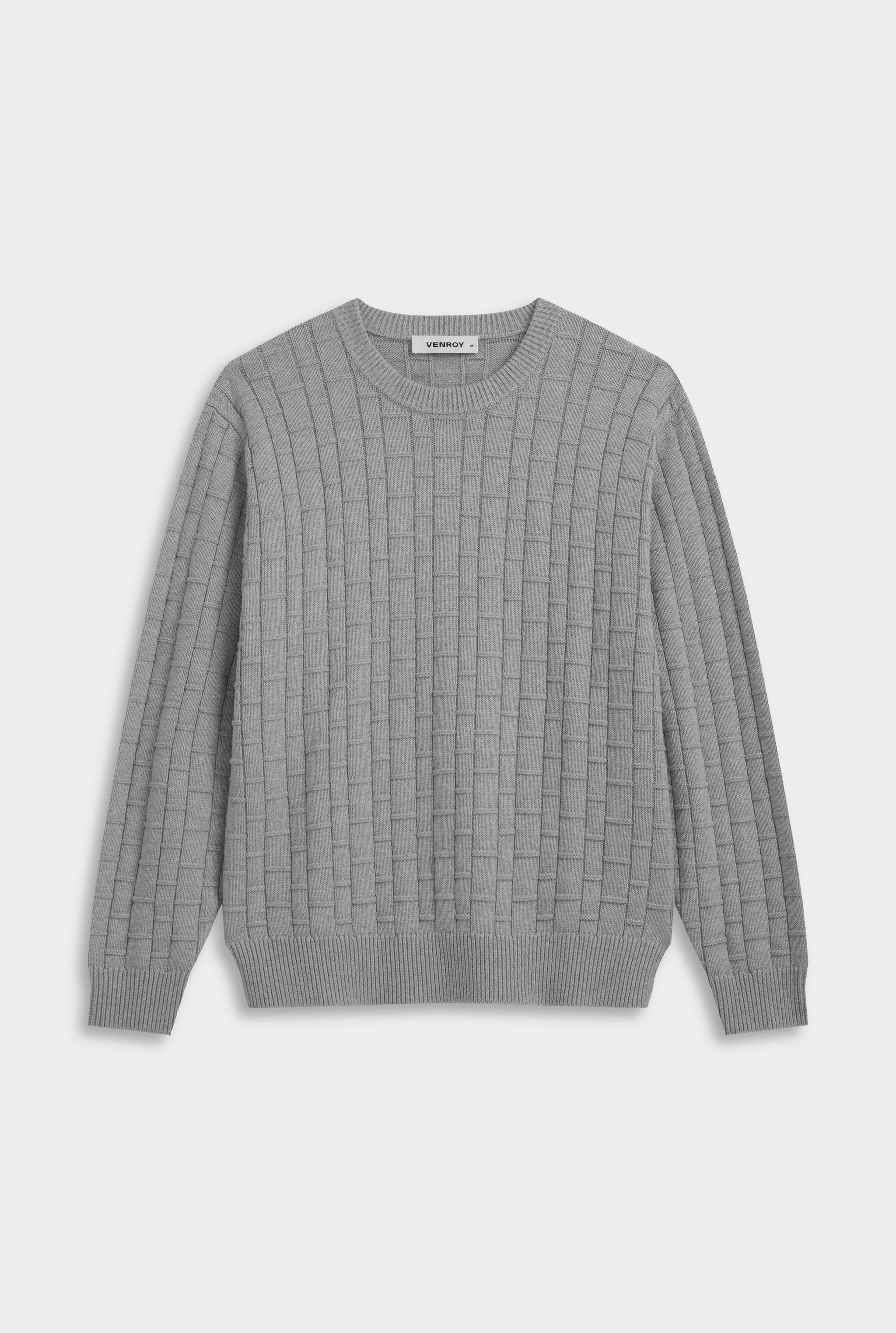 Cotton Cashmere Check Crewneck Sweater - Light Grey Marl