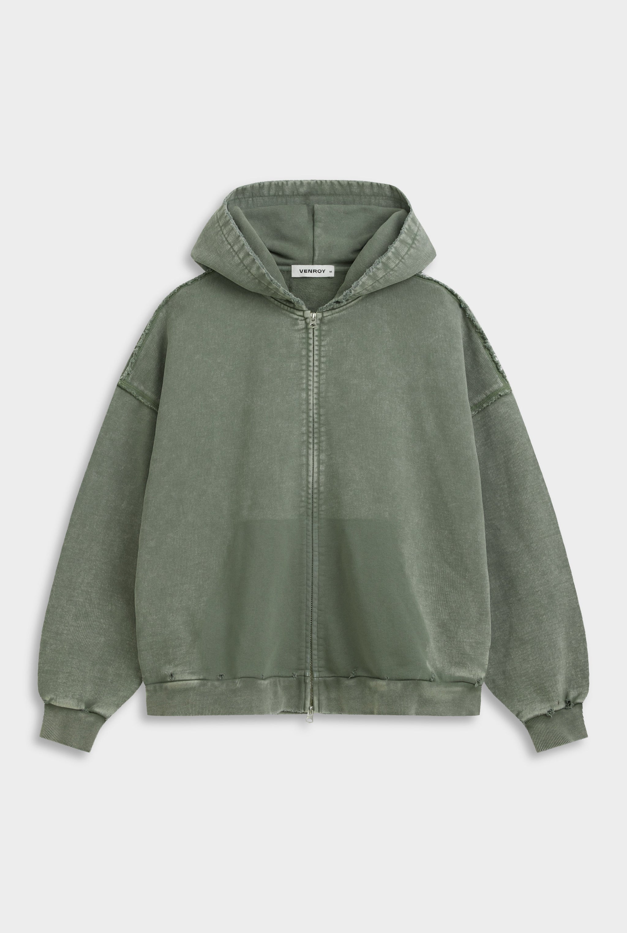 Distressed Heavyweight Track Hoodie - Washed Olive
