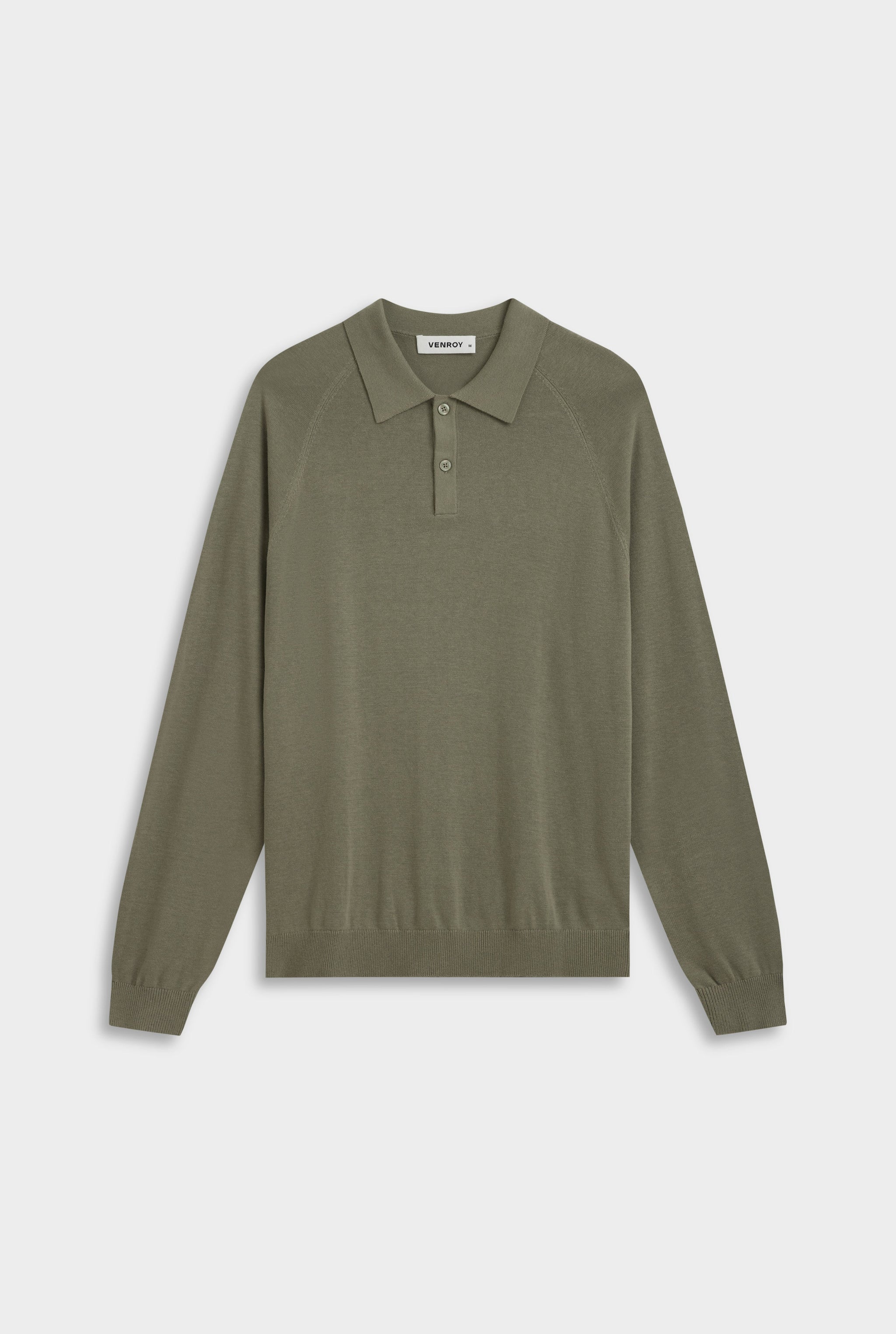 Long Sleeve Cotton Raglan Knit Polo - Smokey Olive