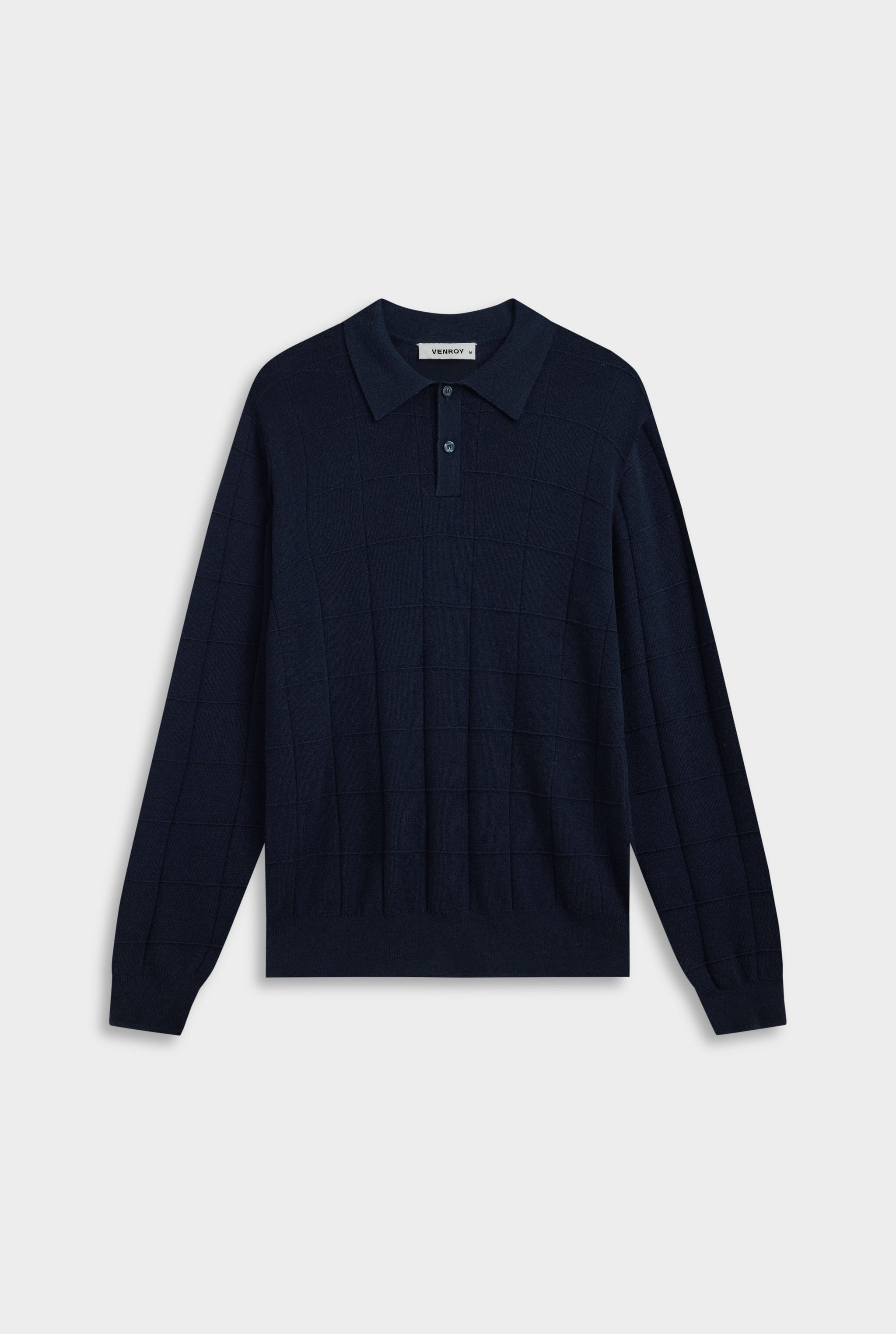 Merino Wool Check Knit Polo - Navy