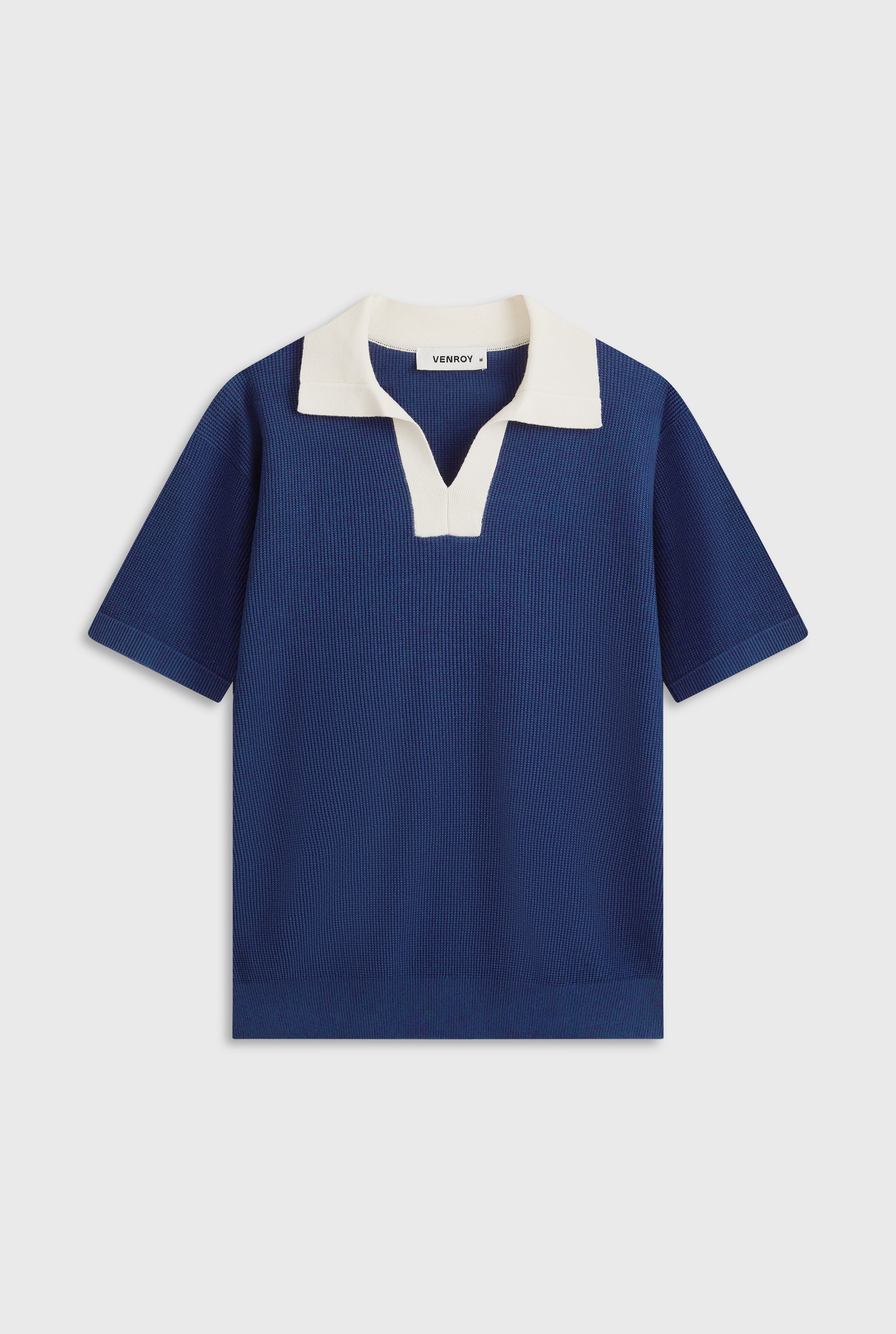 Open Neck Cotton Polo - Navy/Cream