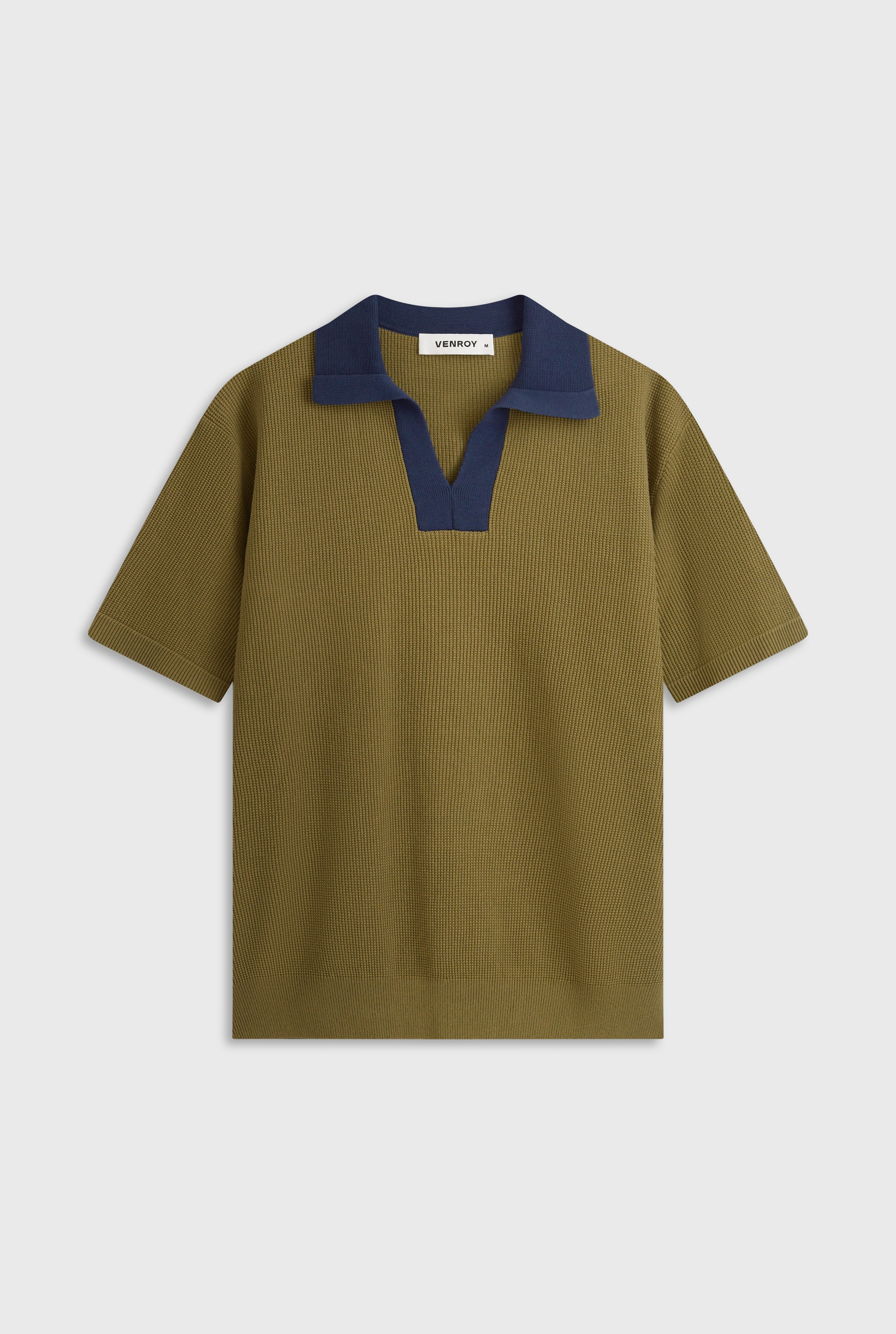 Open Neck Cotton Polo - Olive/Navy