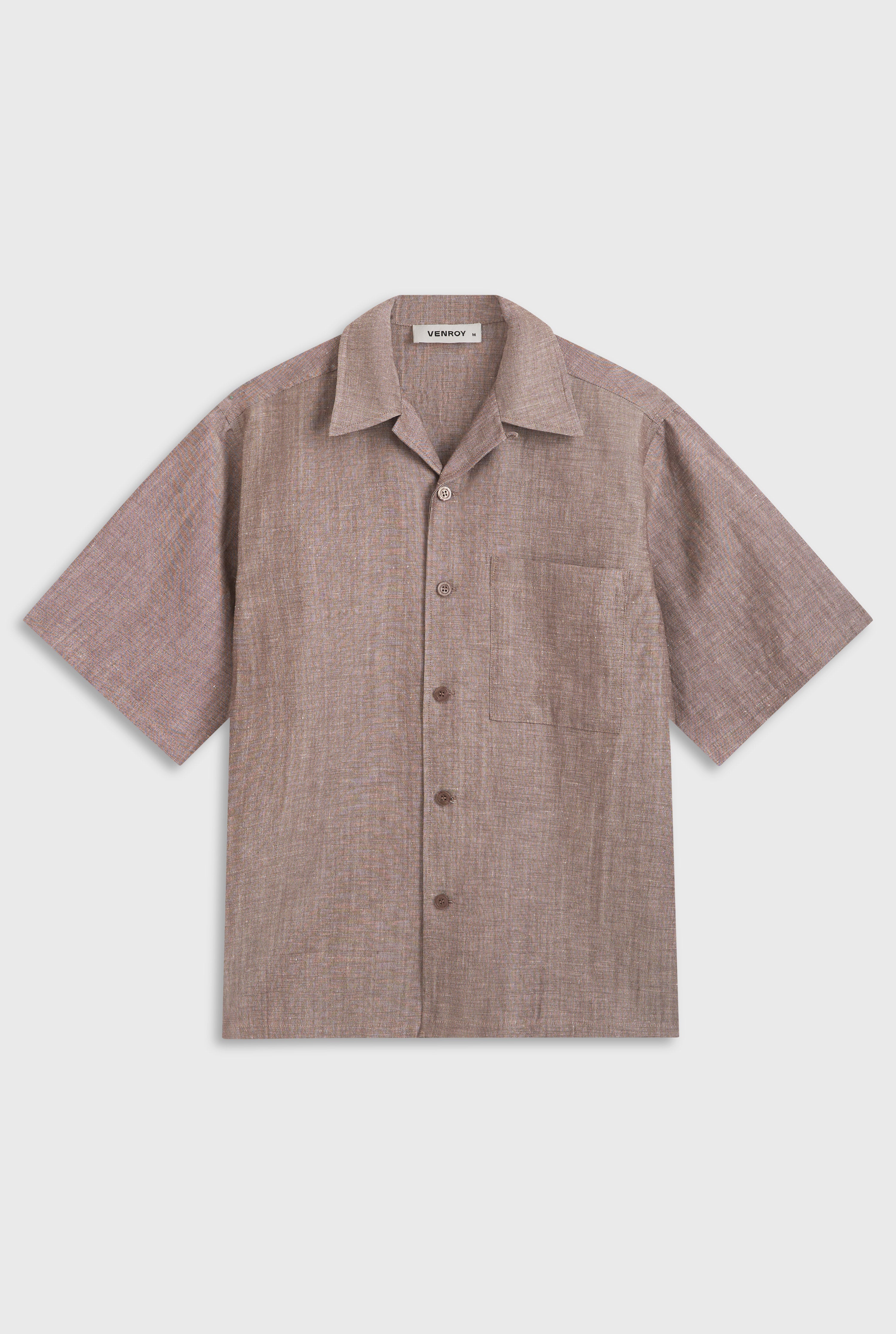 Oversized Wool Linen Short Sleeve Shirt - Brown