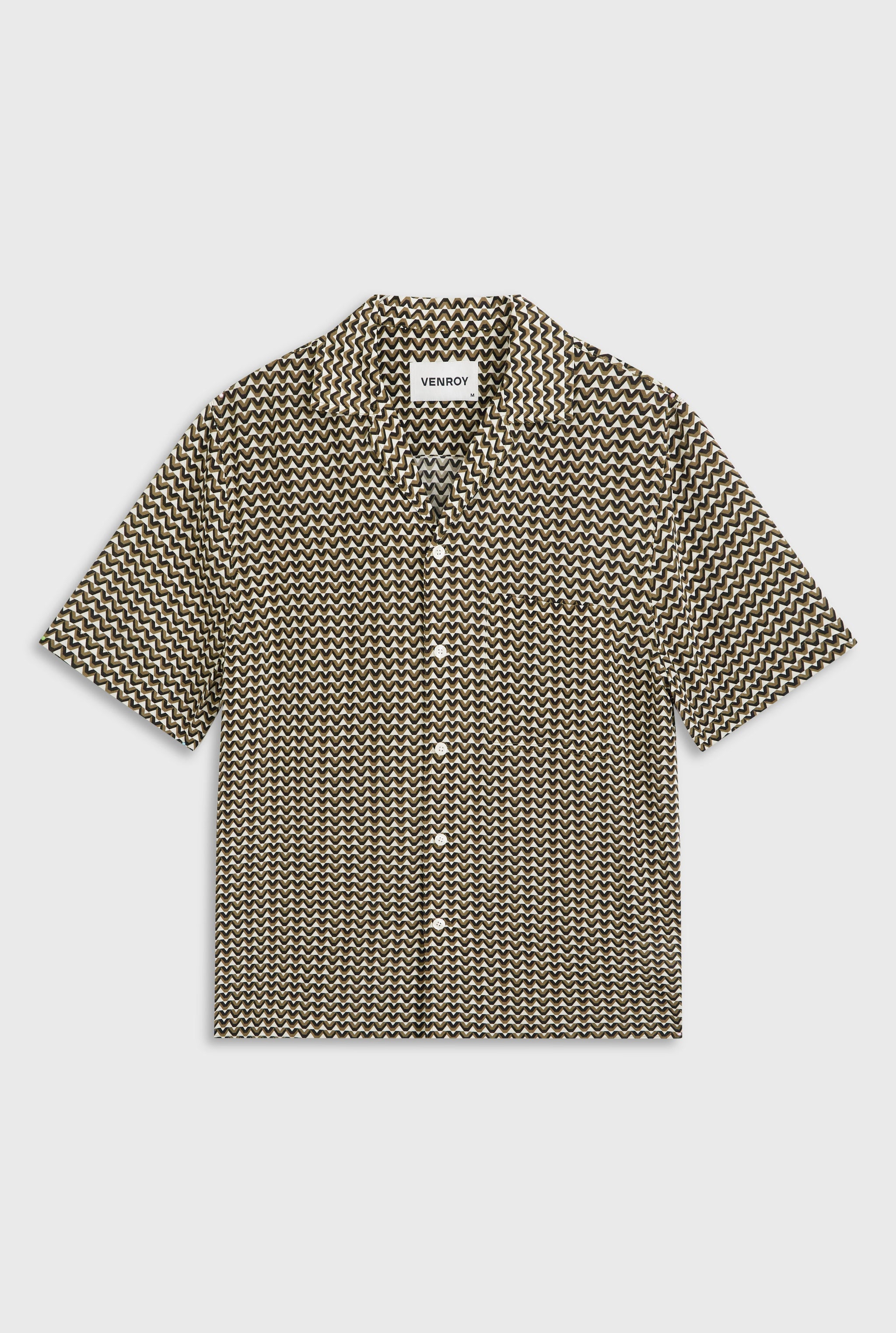 Short Sleeve Silk Camp Collar Shirt - Cream/Black/Olive V Monogram