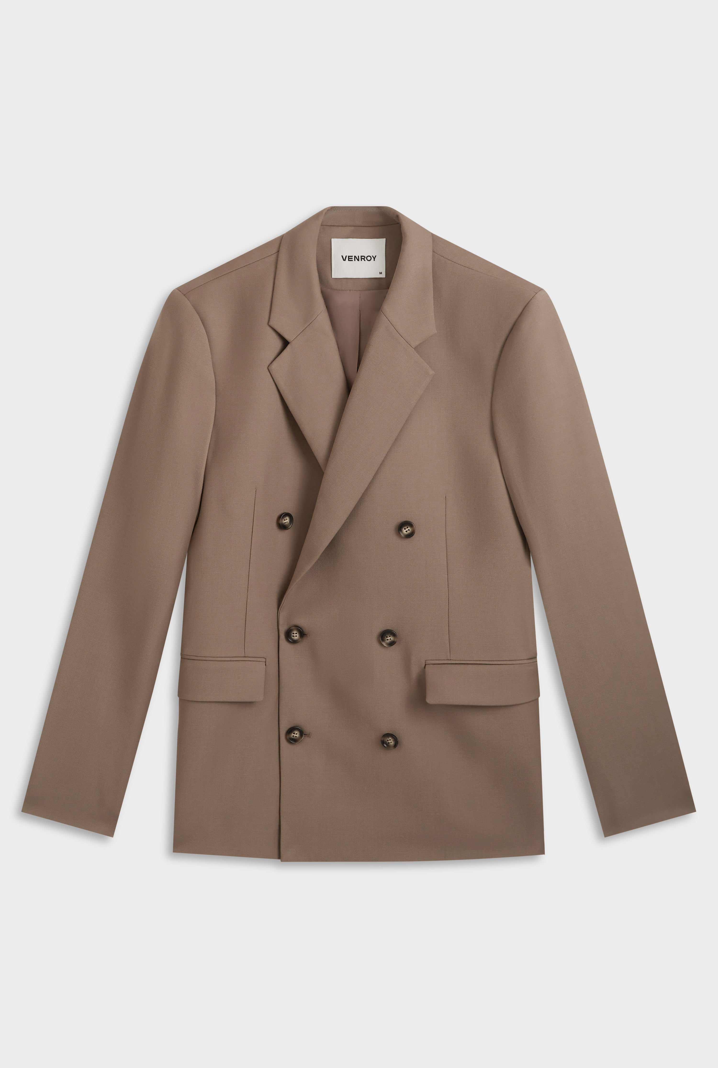 Tailored Wool Double Breasted Suit Jacket - Taupe Brown