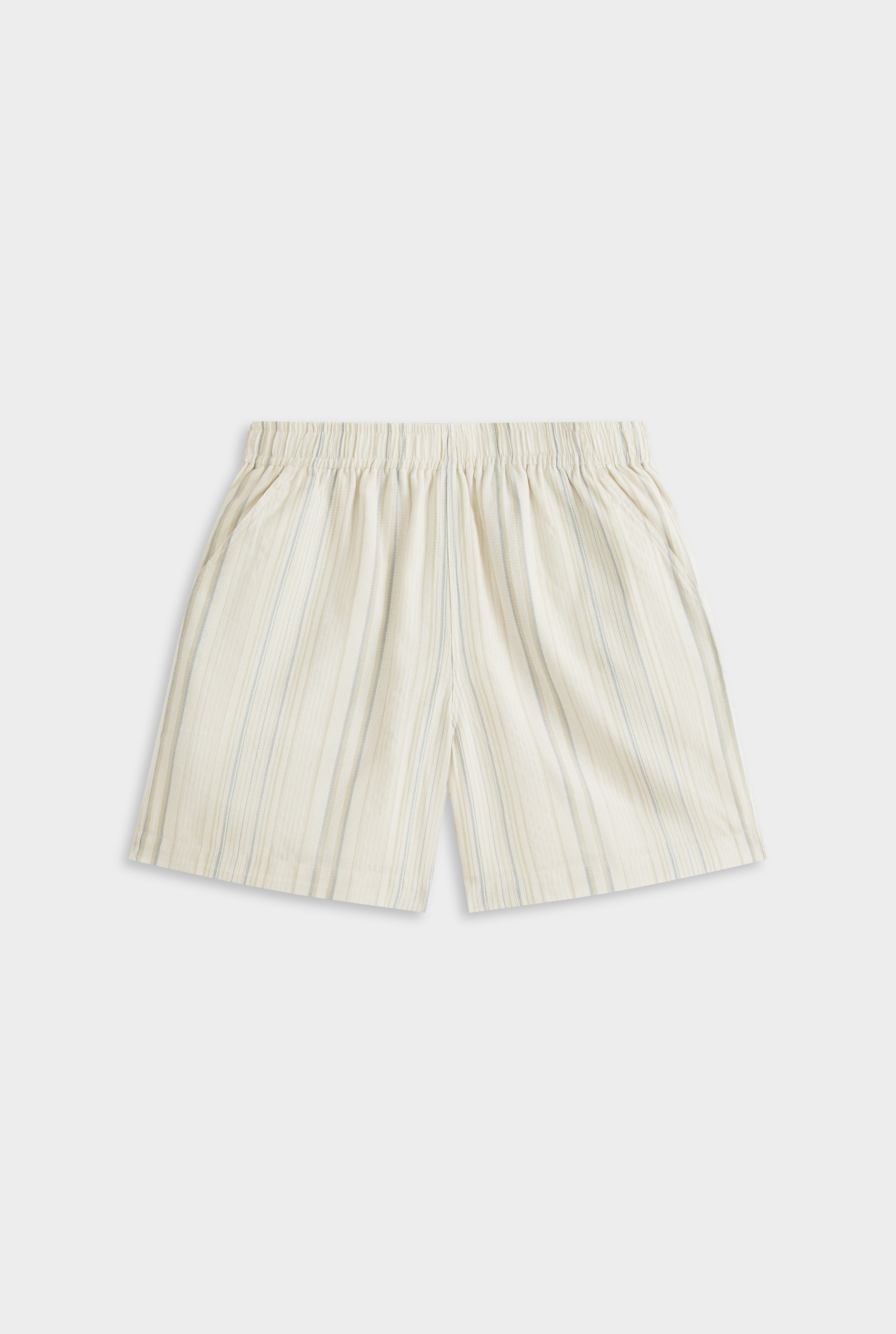 Woven Stripe Lounge Short - Off White/Blue/Taupe Stripe