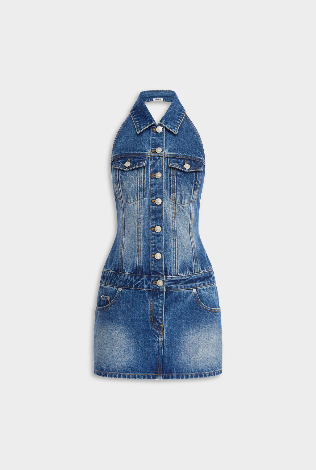 Denim Halter Dress - Mid Indigo