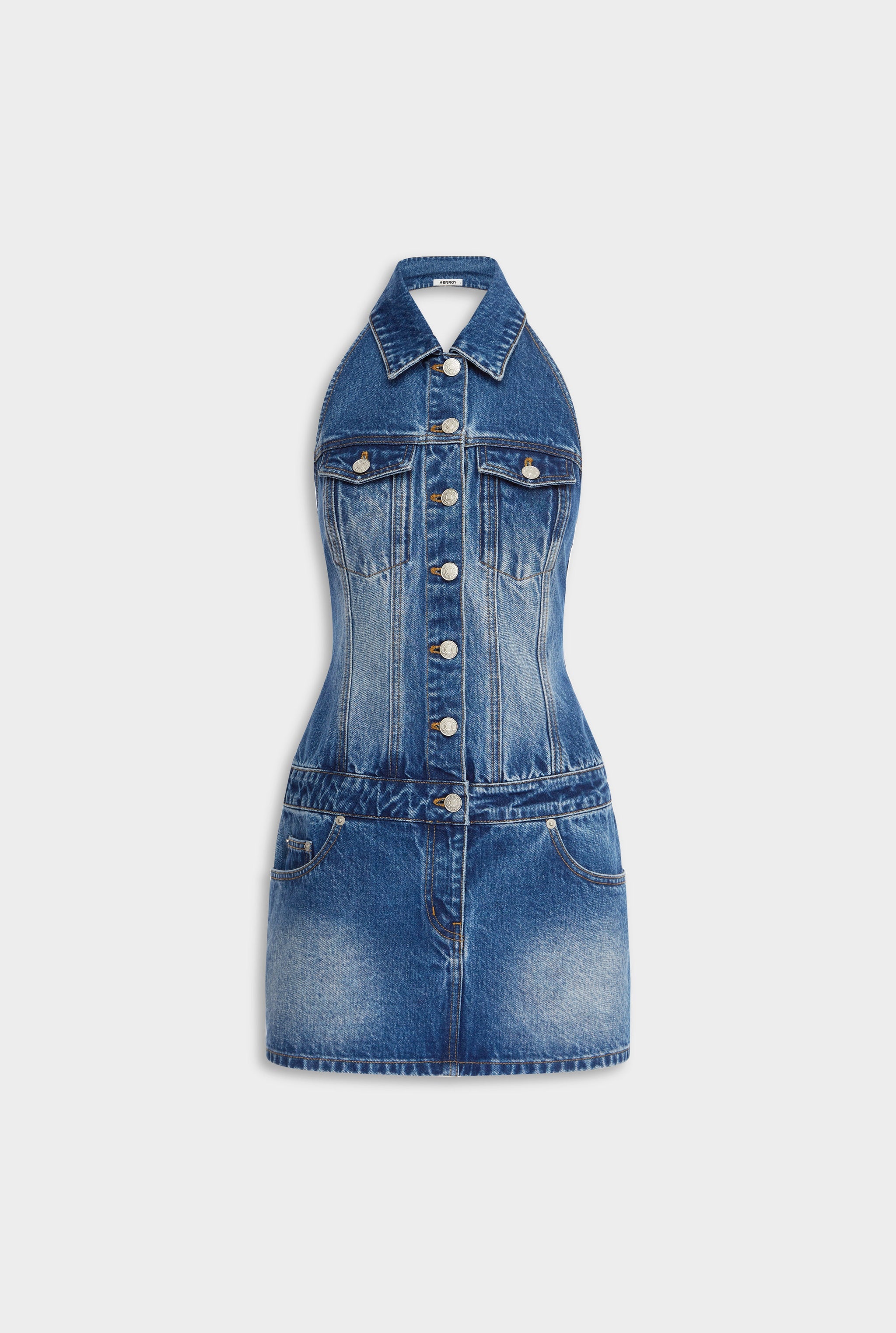 Denim Halter Dress - Mid Indigo