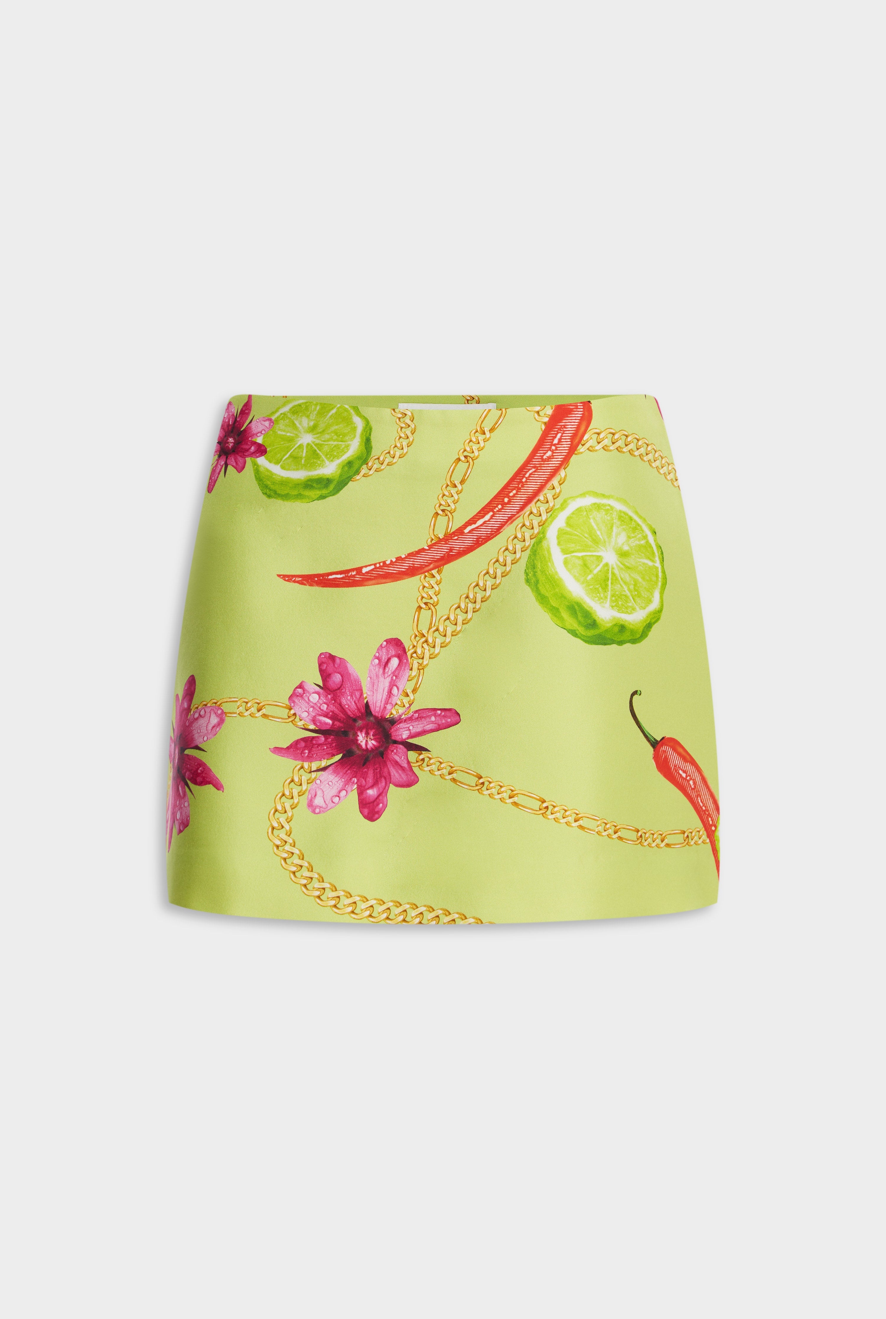 Silk Mini Skirt - Lime Chilli Chain Print