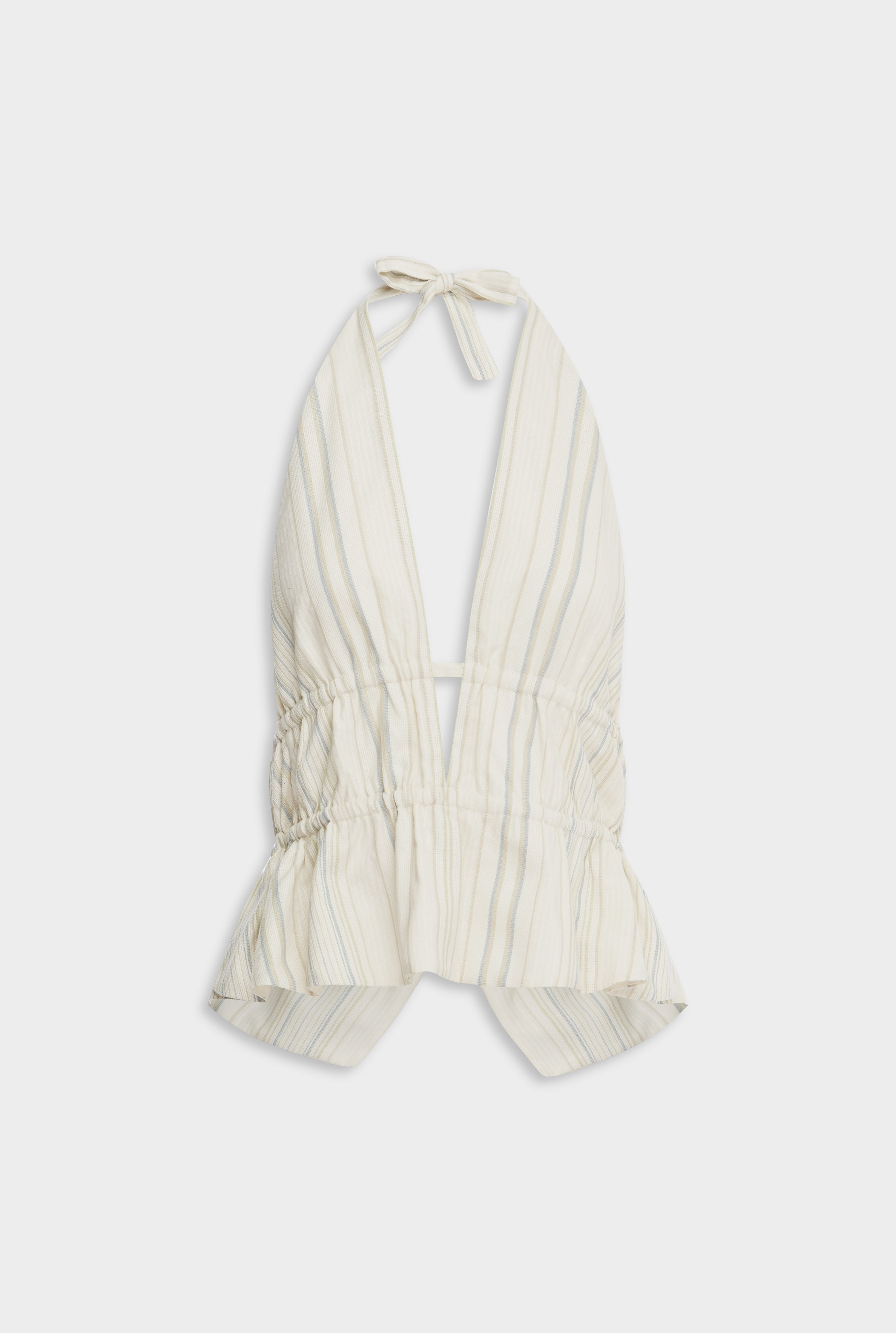 Stripe Cotton Halter Top - Off White/Blue/Taupe Stripe