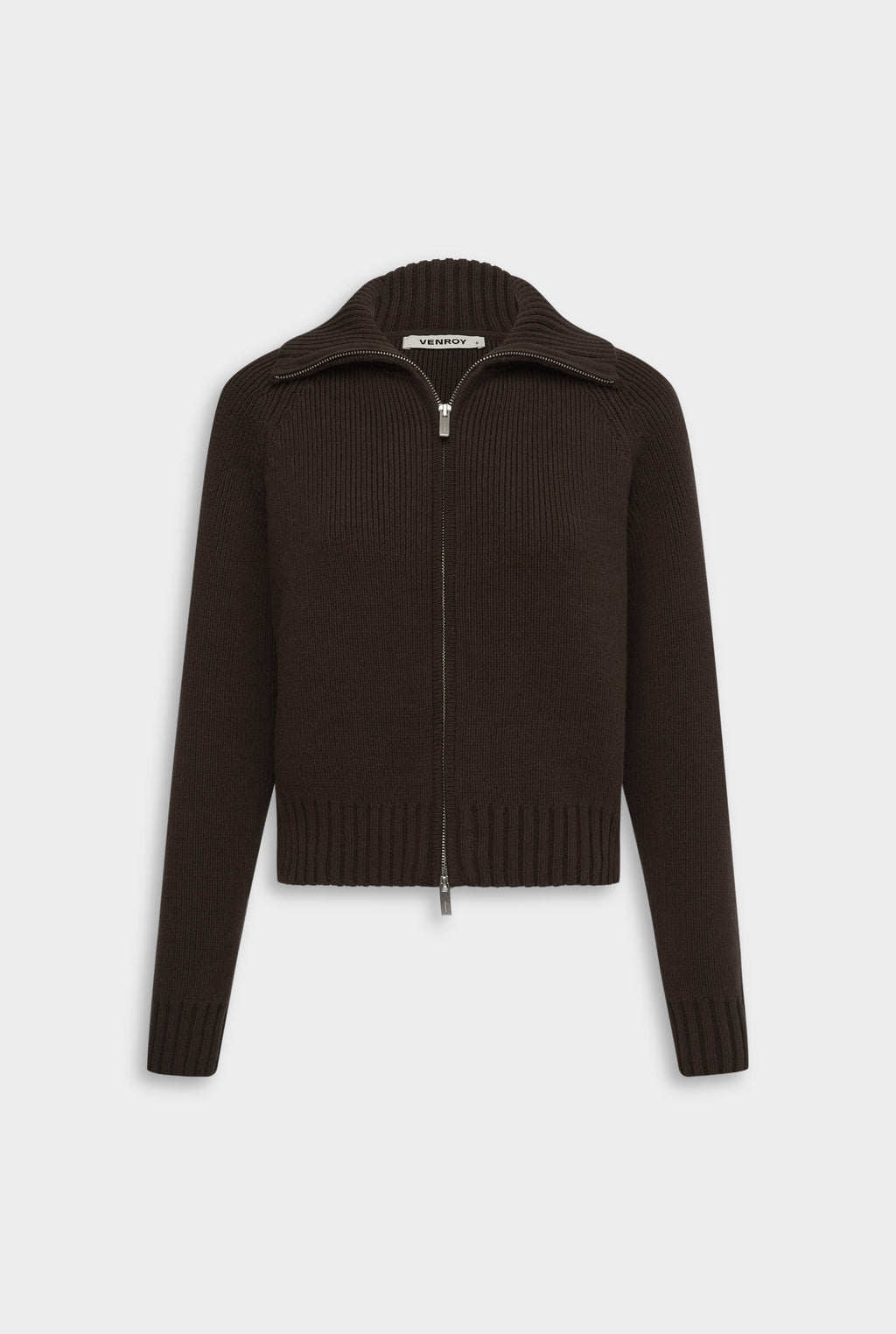 Cotton Funnel Neck Zip Up Sweater - Chocolate