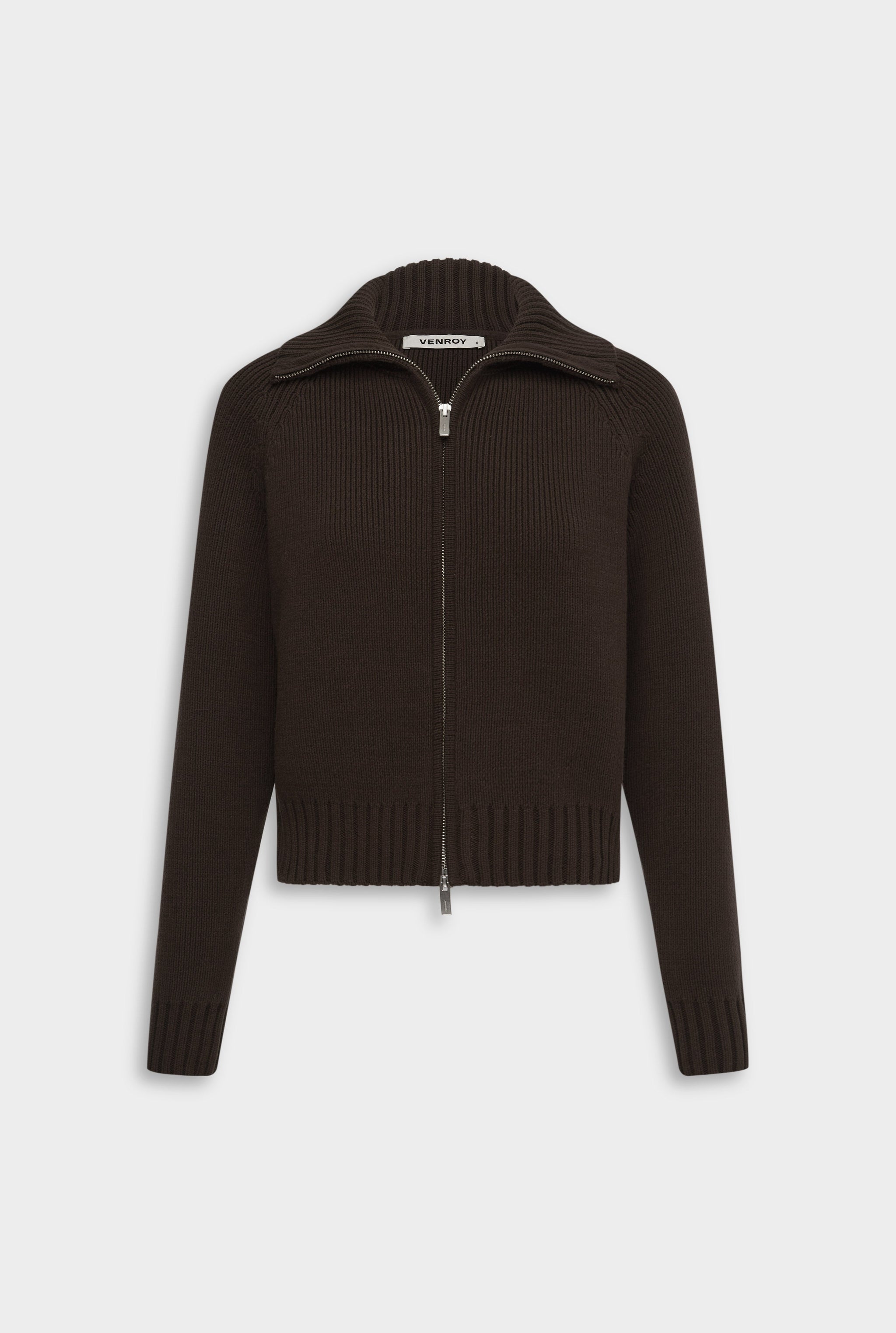 Cotton Funnel Neck Zip Up Sweater - Chocolate