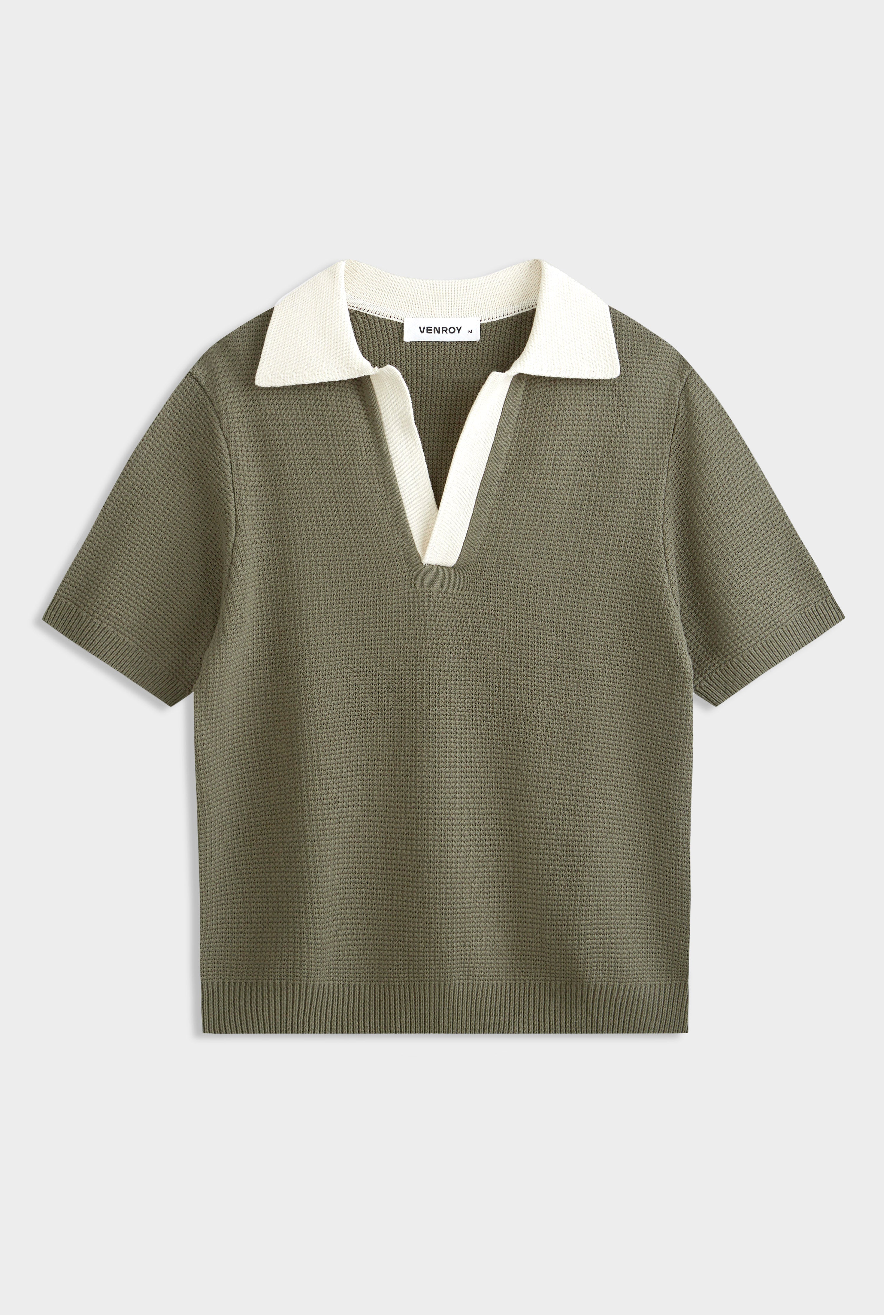 Relaxed Cotton Knit Open Neck Polo - Smokey Olive/Cream