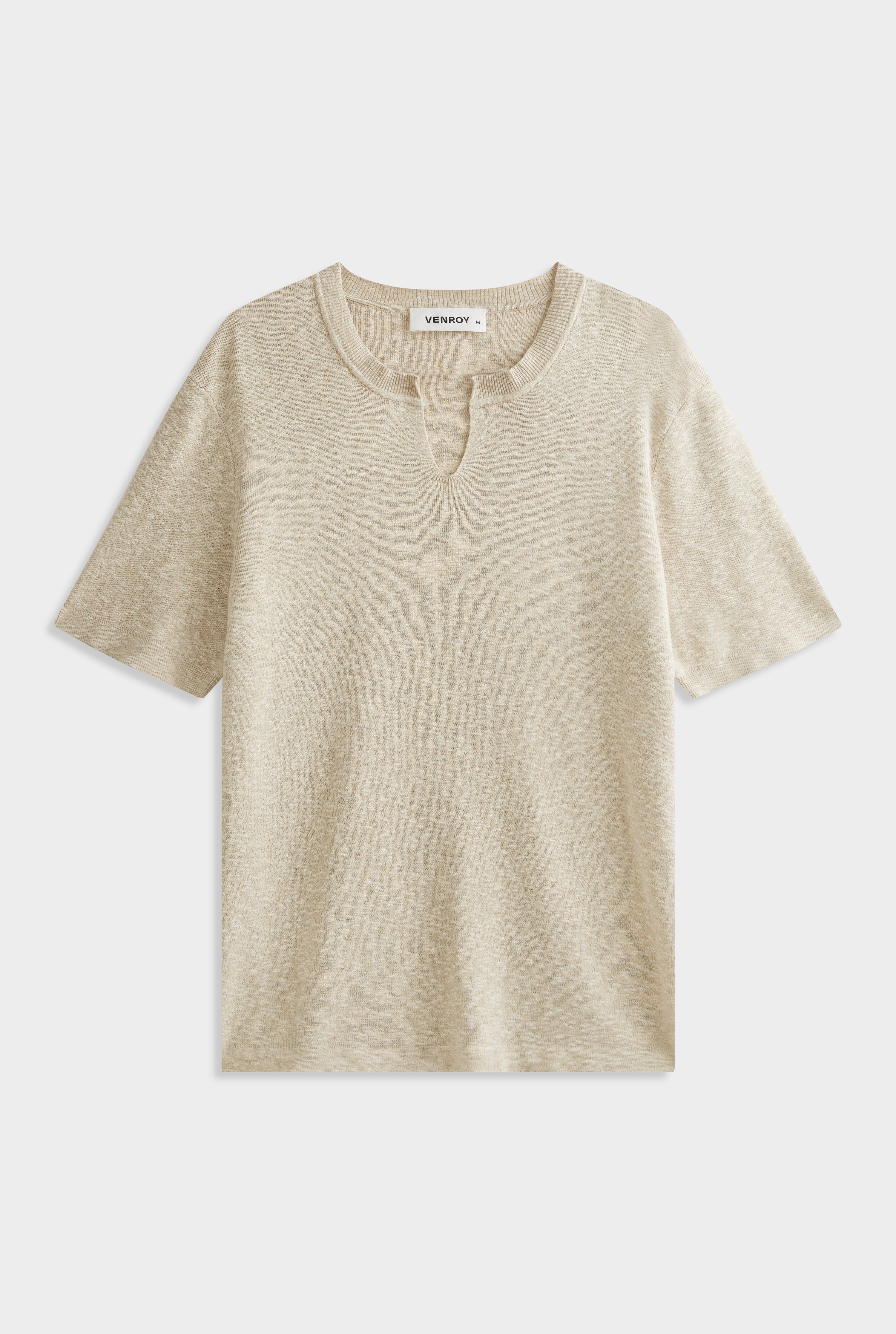 V Cut Knitted T-Shirt - Sand Marl