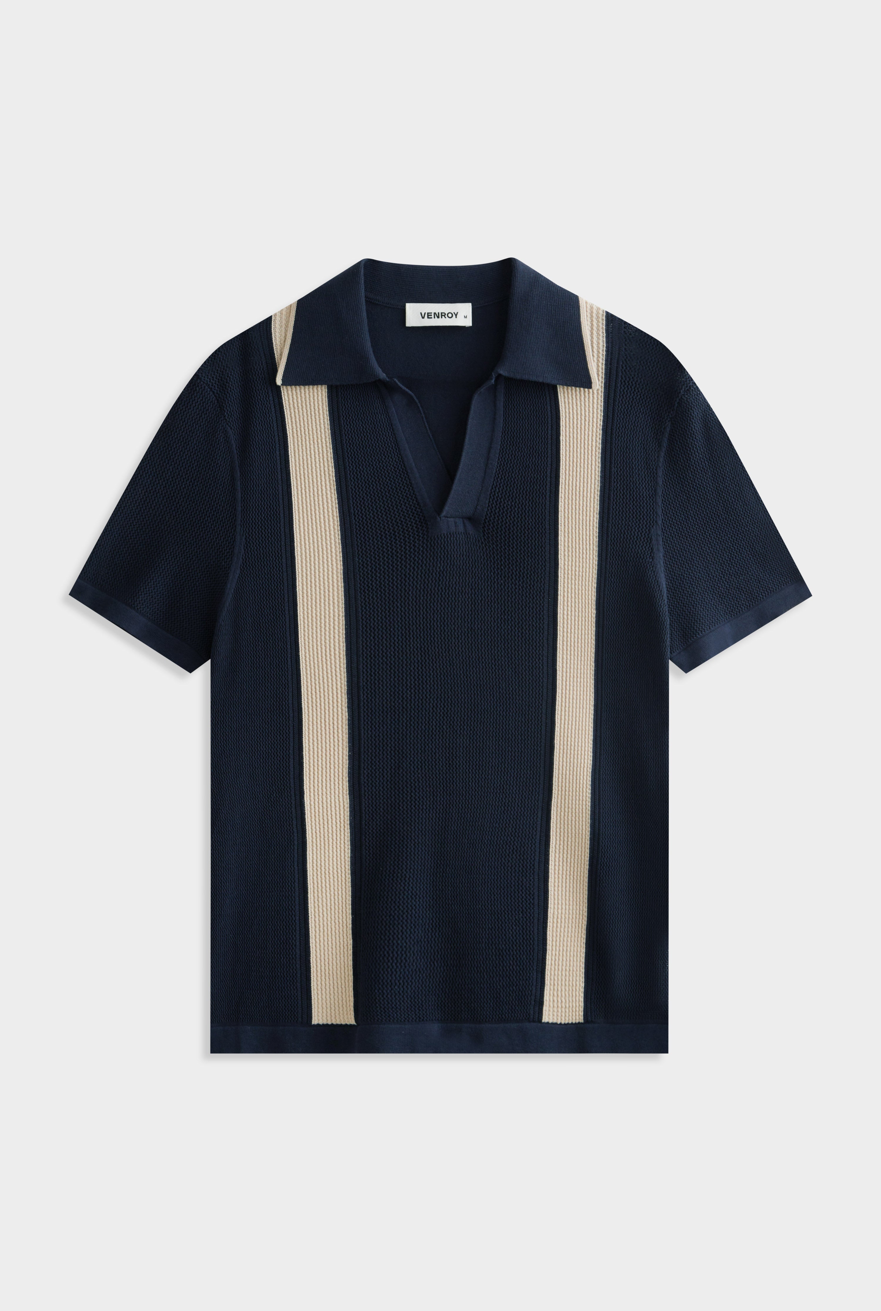 Knitted Cotton Pique Open Neck Polo - Navy/Taupe