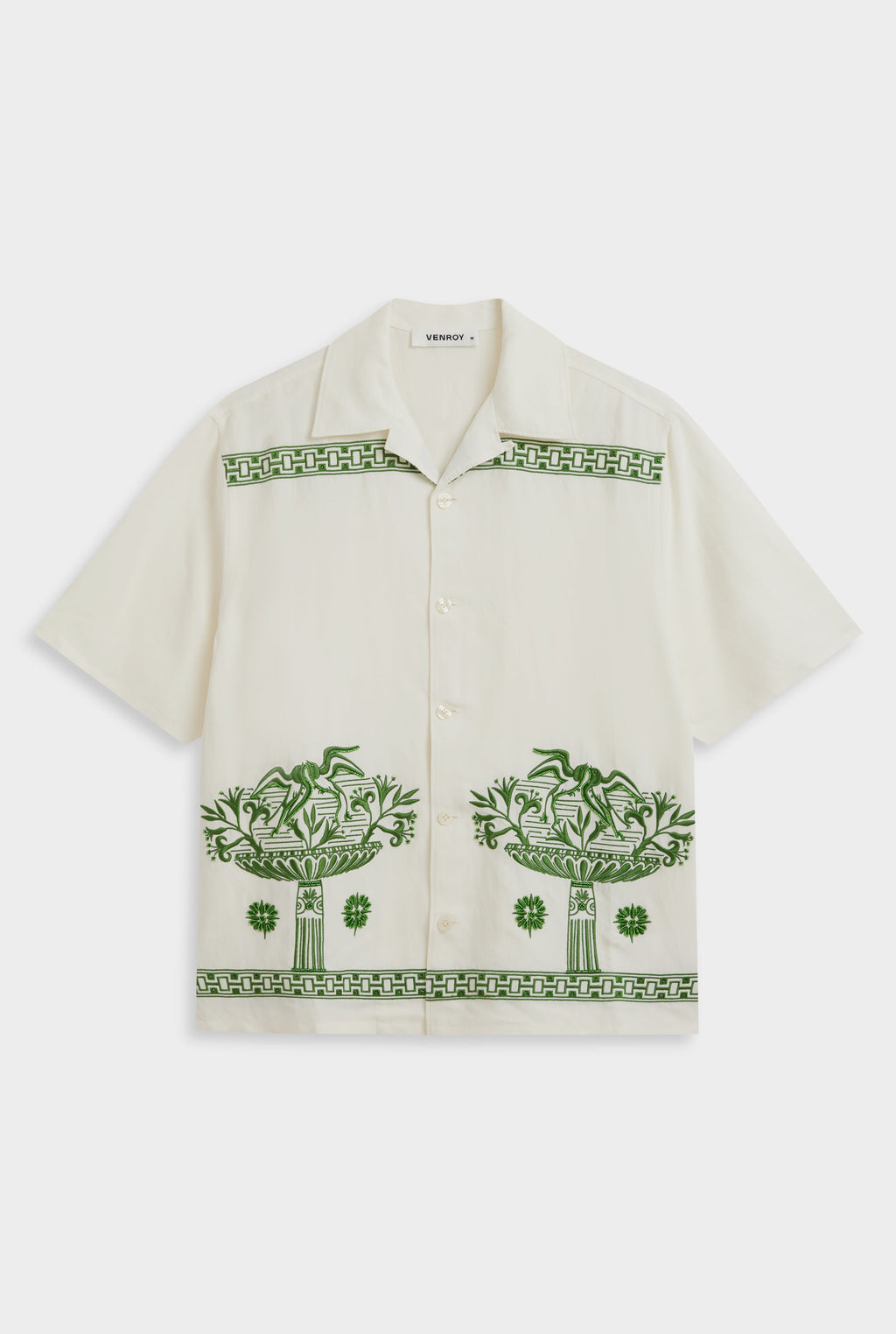 Beaded Silk Linen Camp Collar Shirt - Off White/Ivy Green