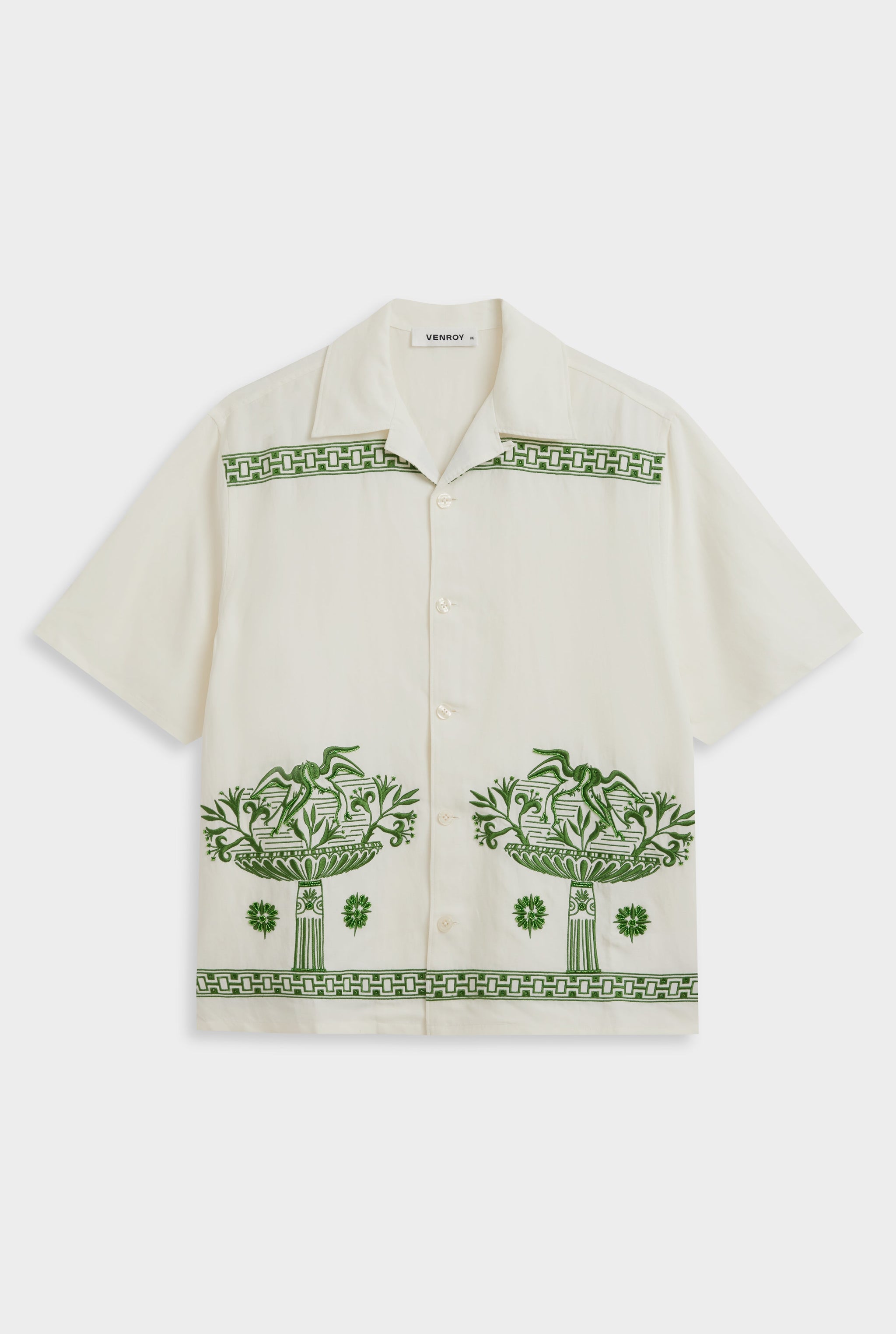 Beaded Silk Linen Camp Collar Shirt - Off White/Ivy Green