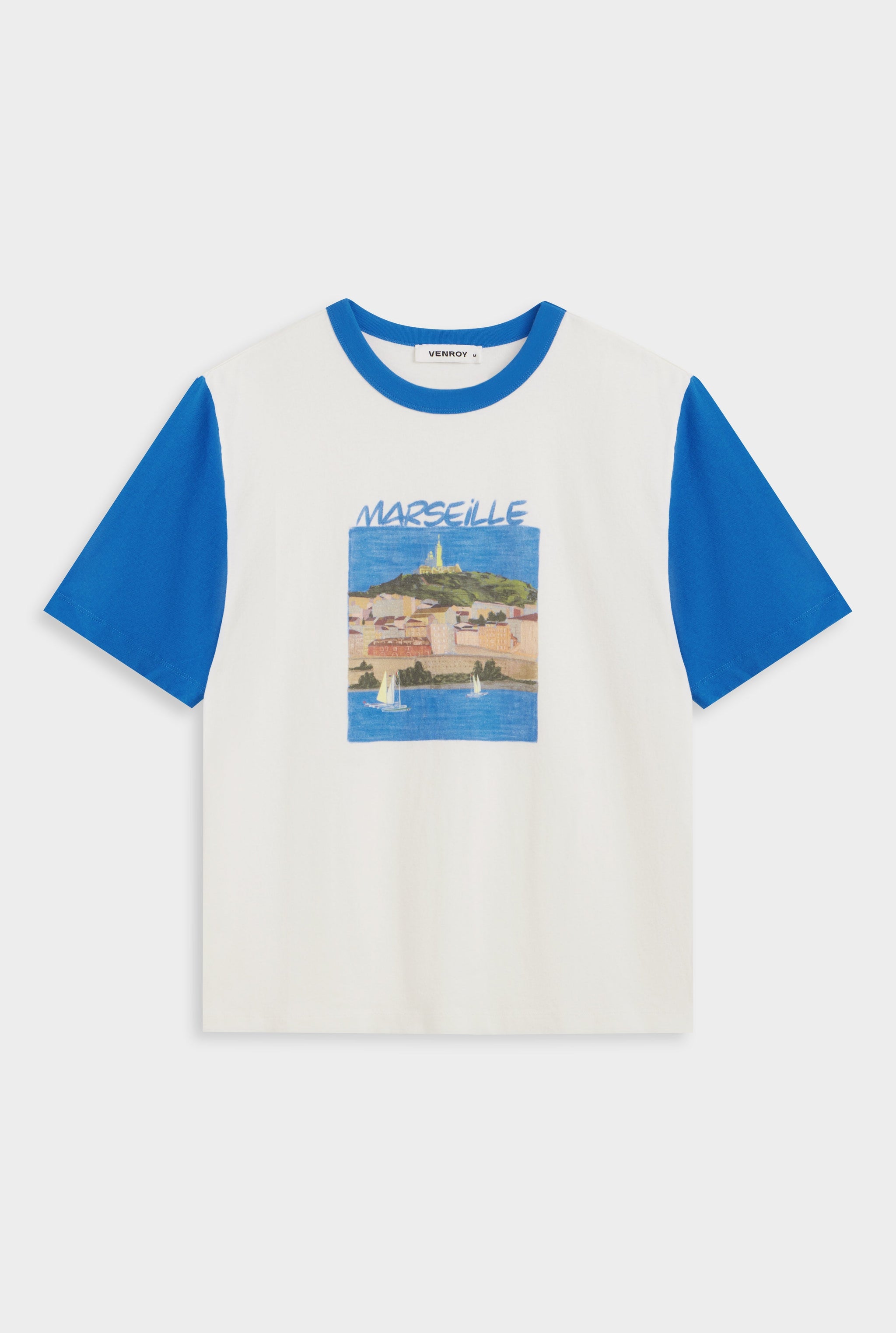 Contrast Cotton Linen Tee - White/Strong Blue