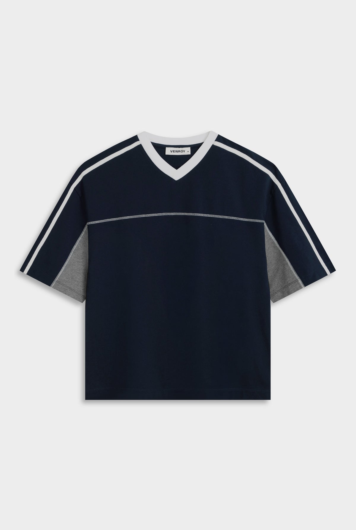 Panelled V Neck T Shirt - Navy/Grey Marl/White [[AU_MEDIA:gid://shopify/MediaImage/27754572087383]]