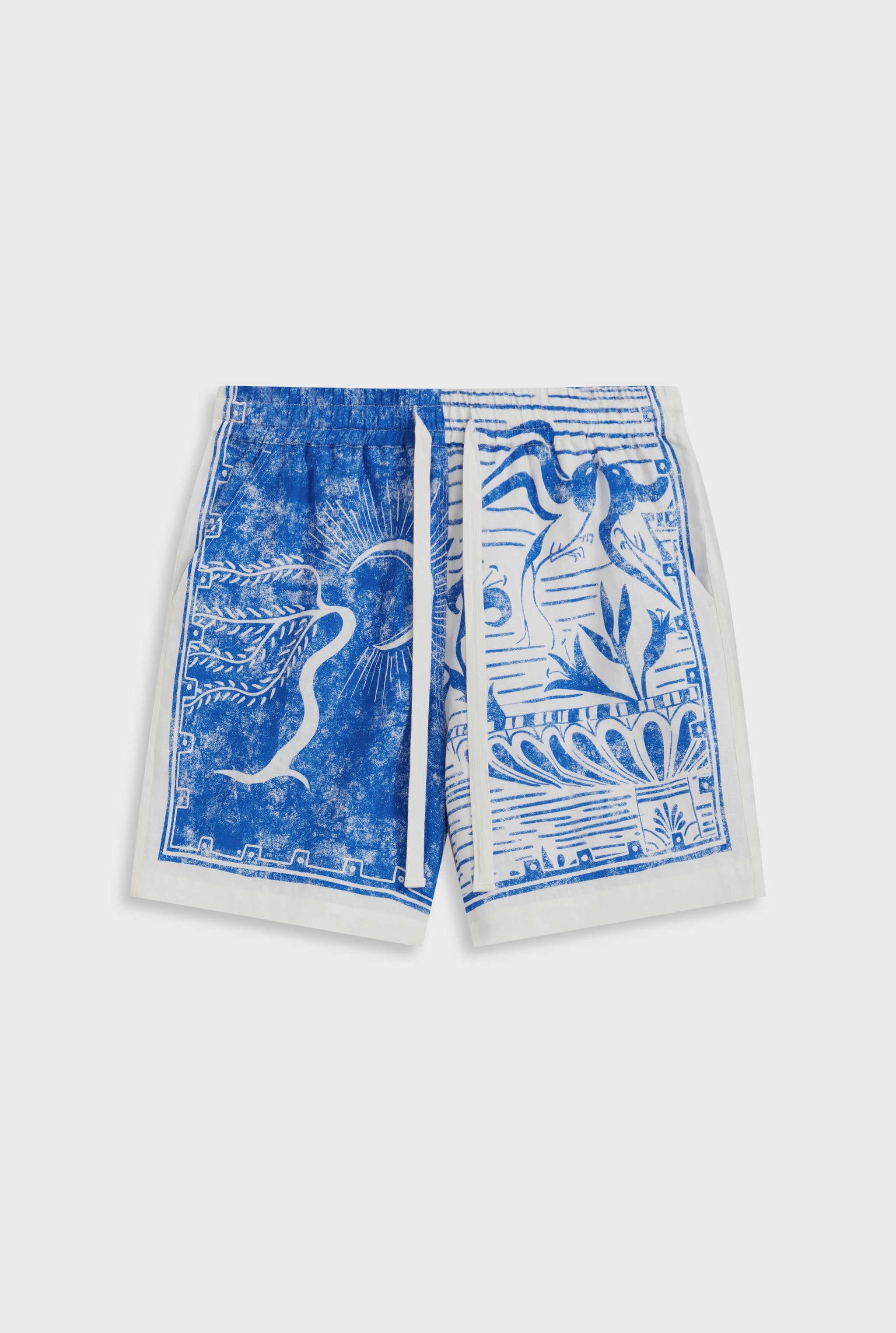 Printed Linen Short - White/Blue Greek Stamp