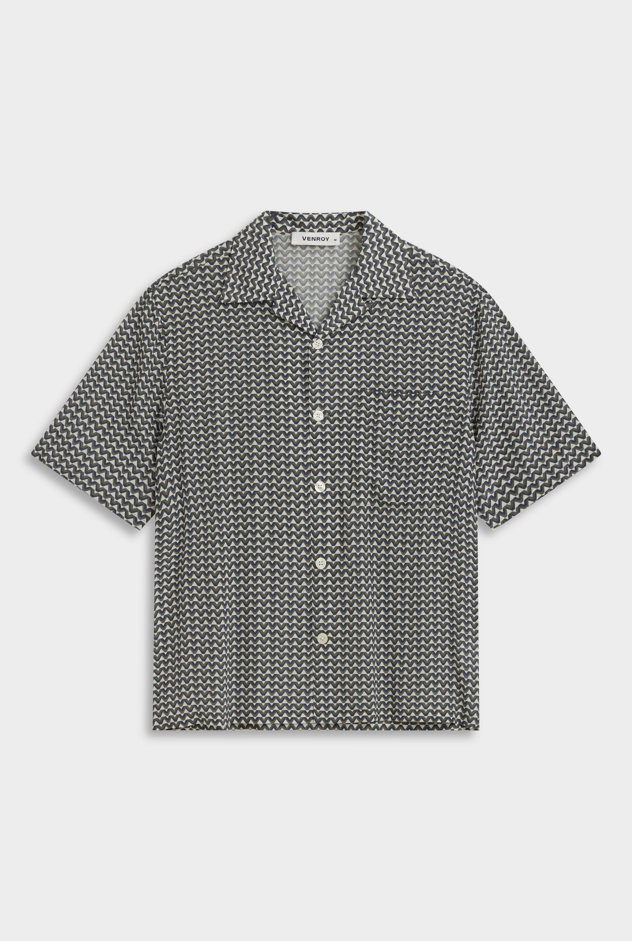 Short Sleeve Silk Camp Collar Shirt - Cream/Navy/Brown V Monogram