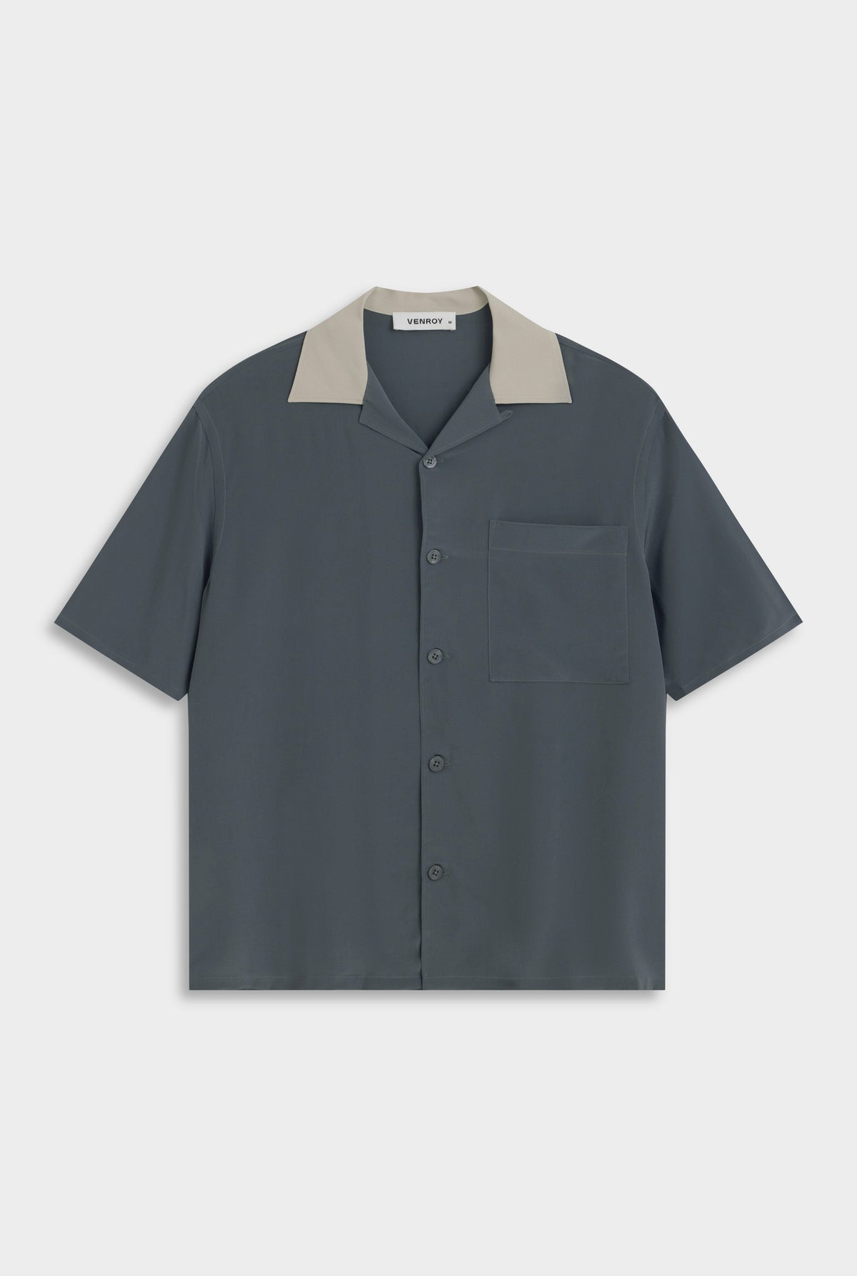 Short Sleeve Silk Camp Collar Shirt - Navy/Stone [[AU_MEDIA:gid://shopify/MediaImage/27754570711127]]