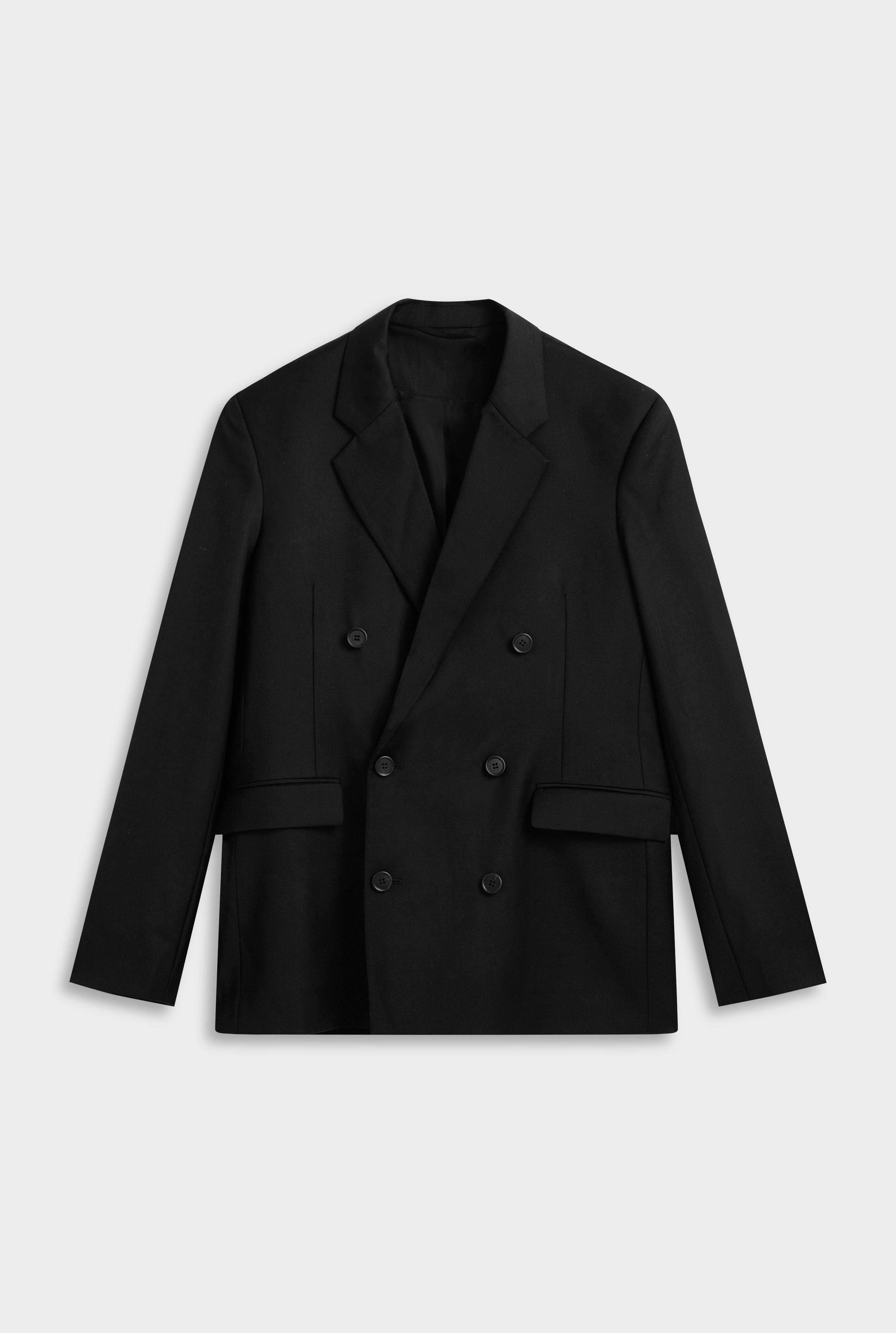 Tailored Wool Double Breasted Suit Jacket - Black
