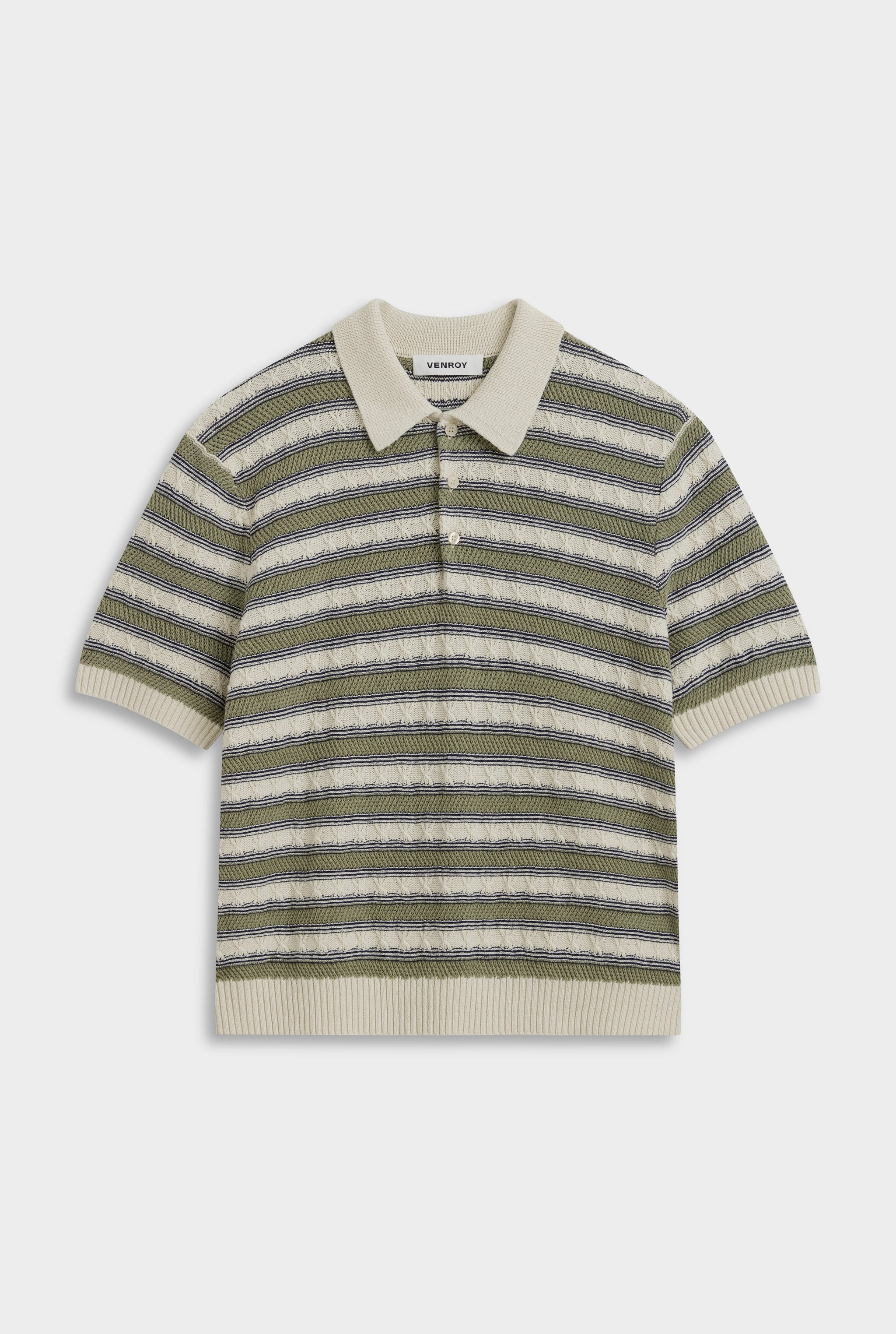 Textured Cotton Linen Knit Polo - Natural/Dark Blue/Sage Stripe