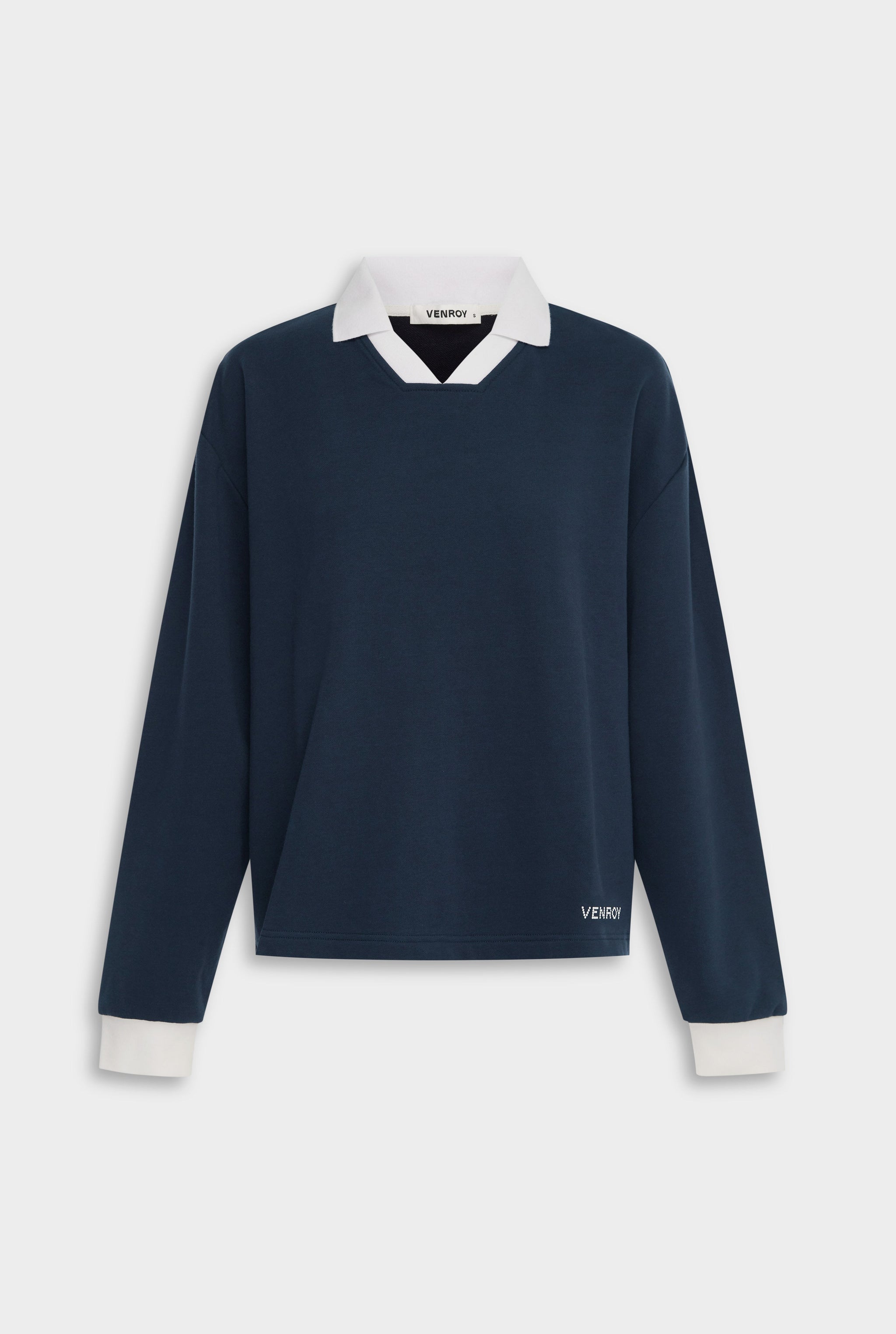 Cotton Long Sleeve Polo - Navy/Marseille Doily