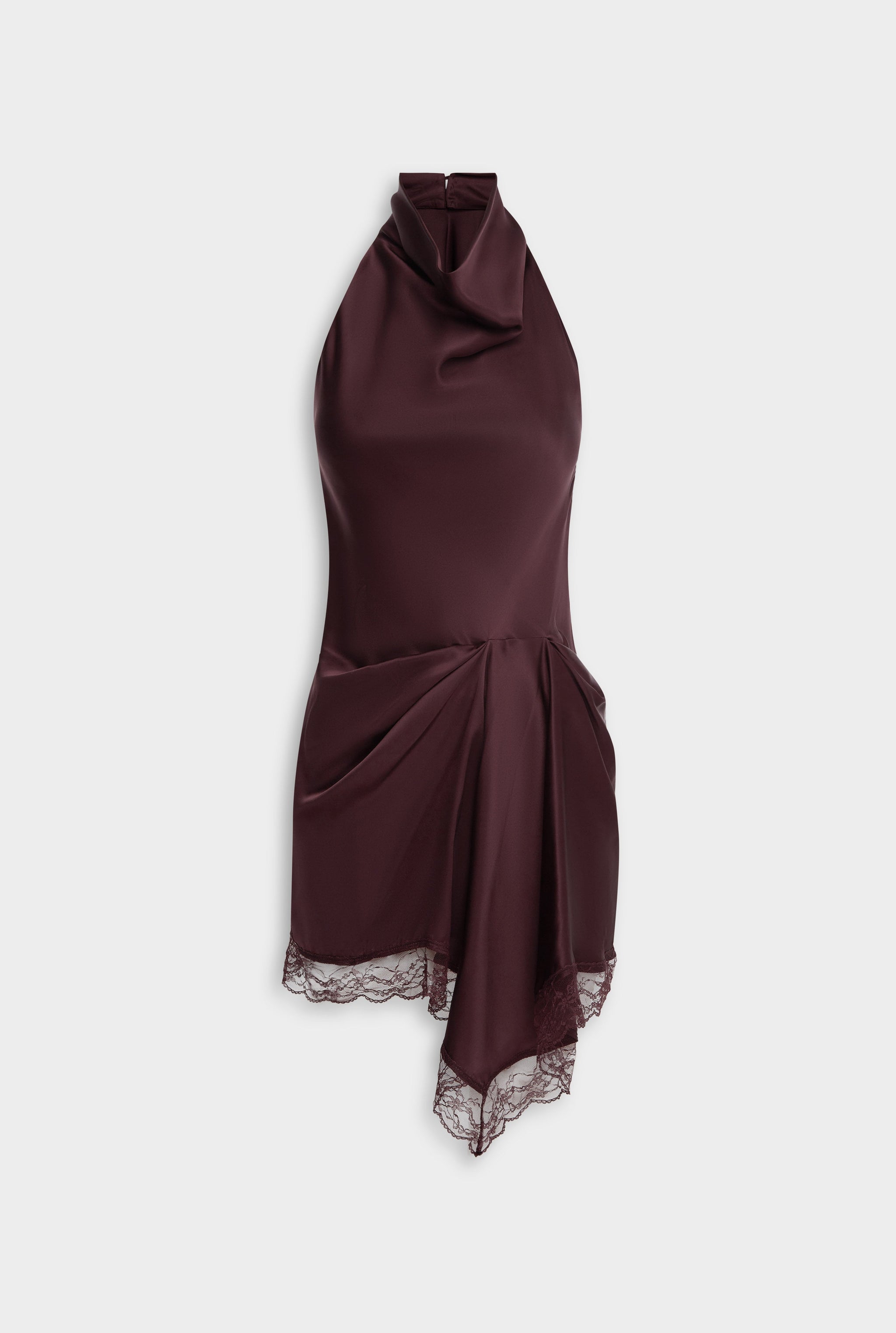 Draped Silk Lace Halter Mini Dress - Dark Plum