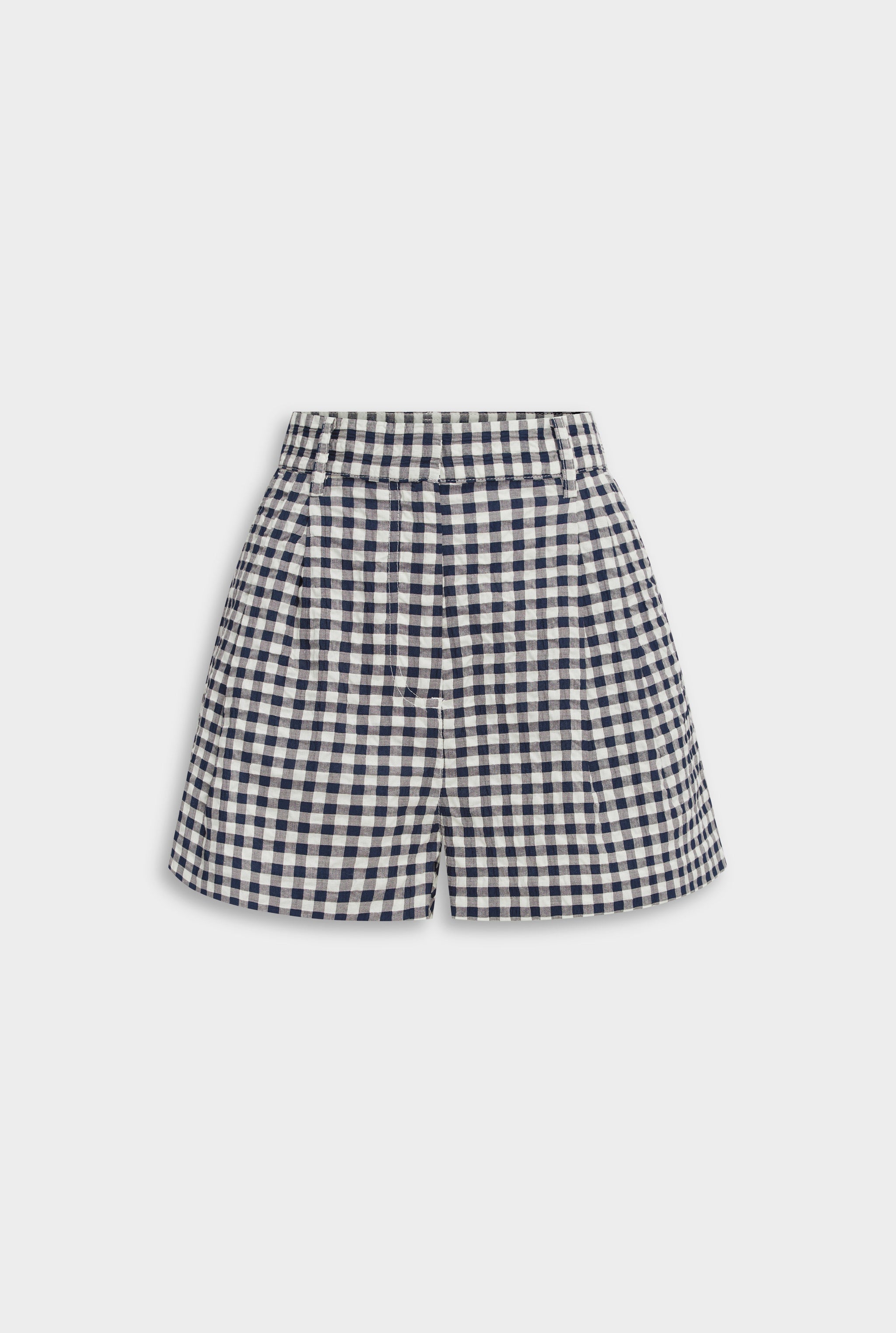 High Waisted Pleat Short - Navy/Cream Gingham
