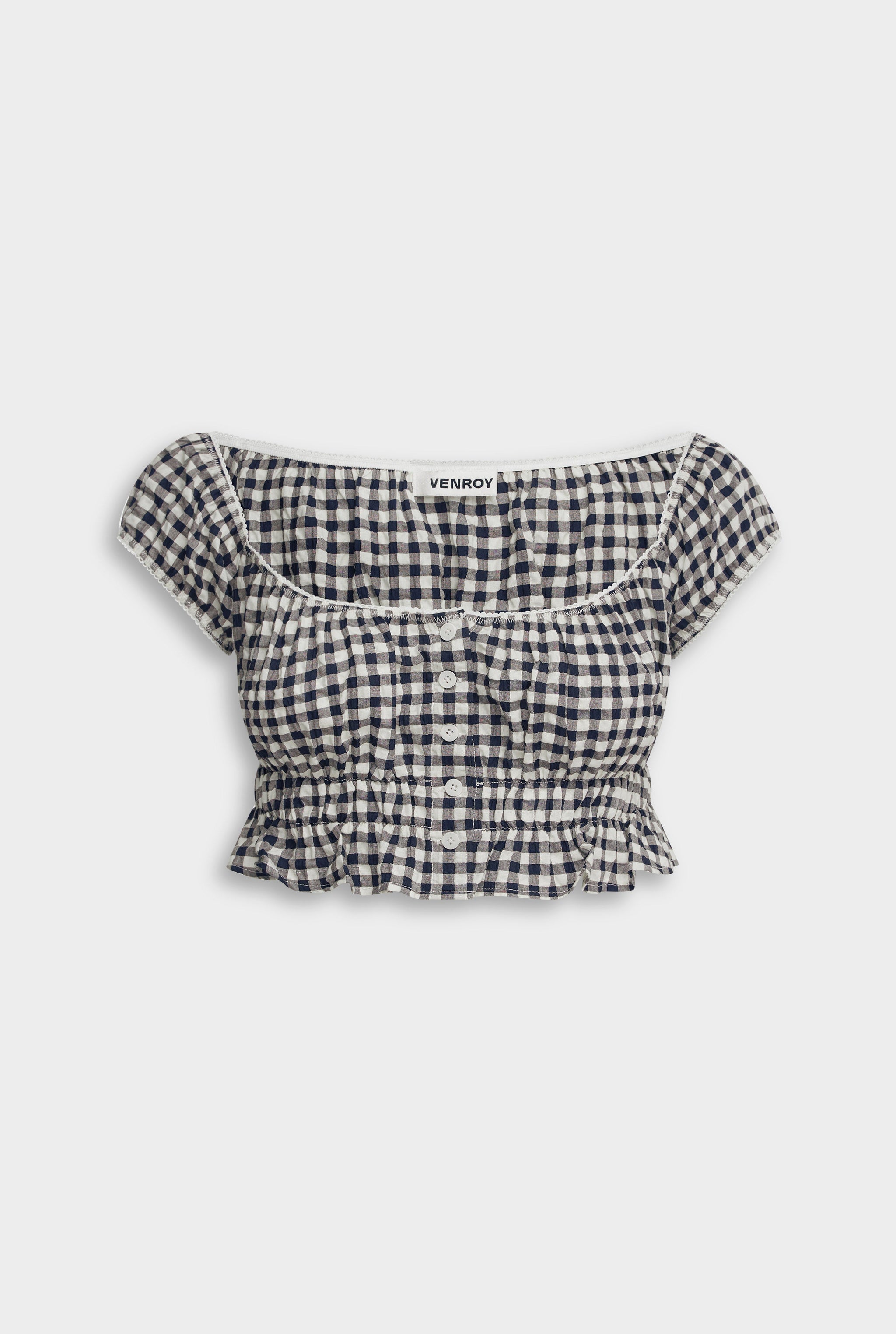 Off Shoulder Crop Top - Navy/Cream Gingham