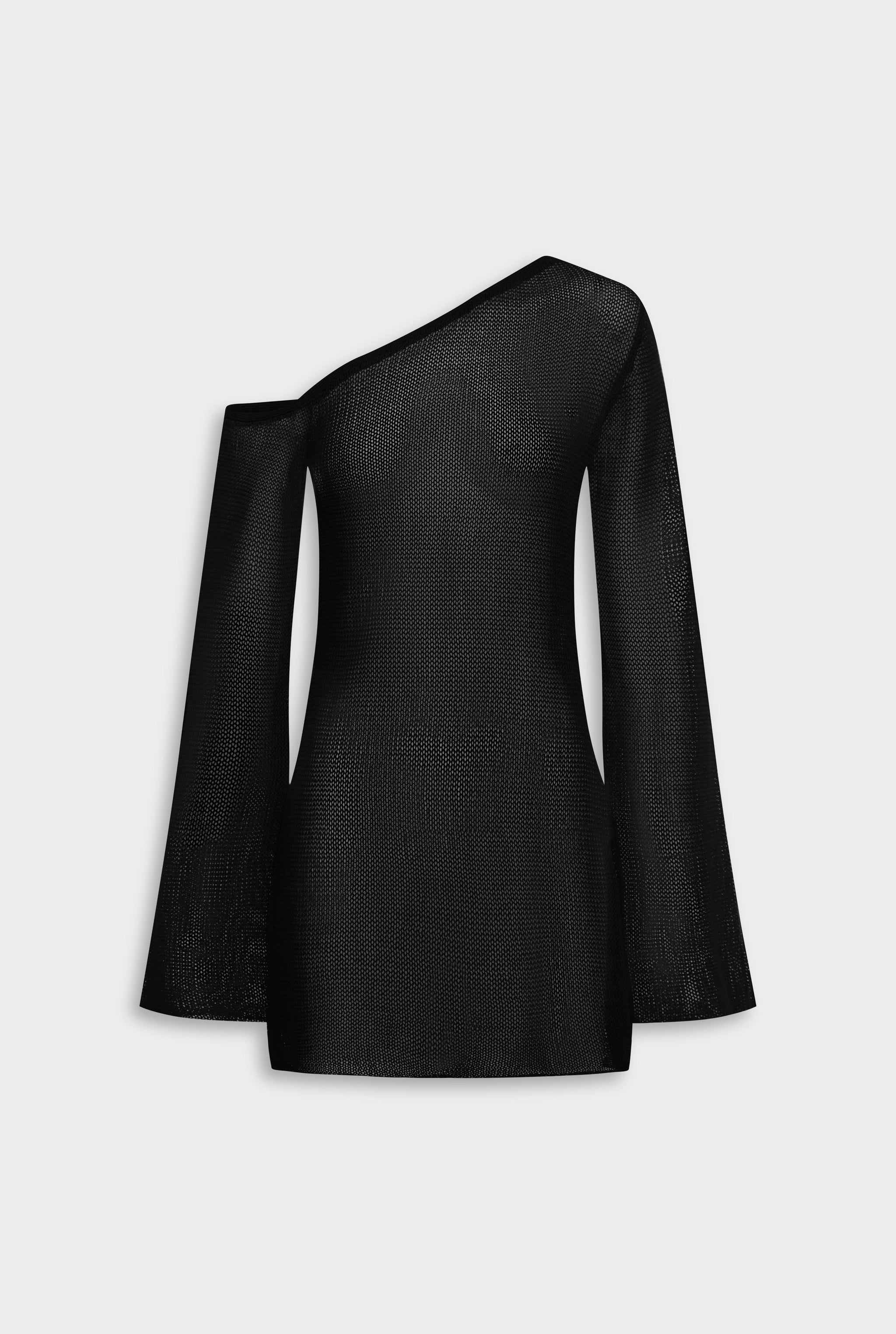 Womens Womens One Shoulder Open Knit Mini Dress Black