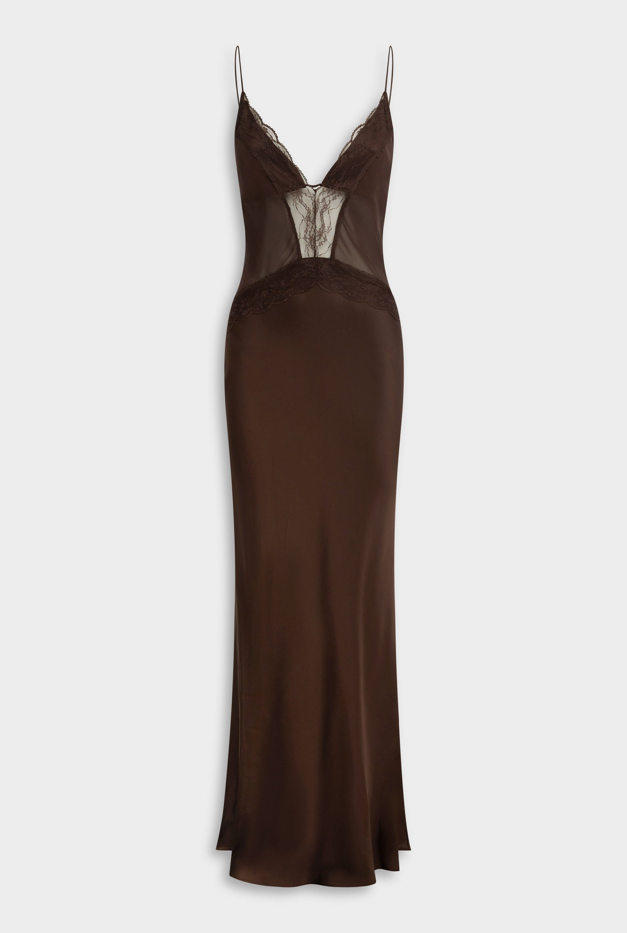 Silk Lace Panelled Slip Dress - Dark Chocolate