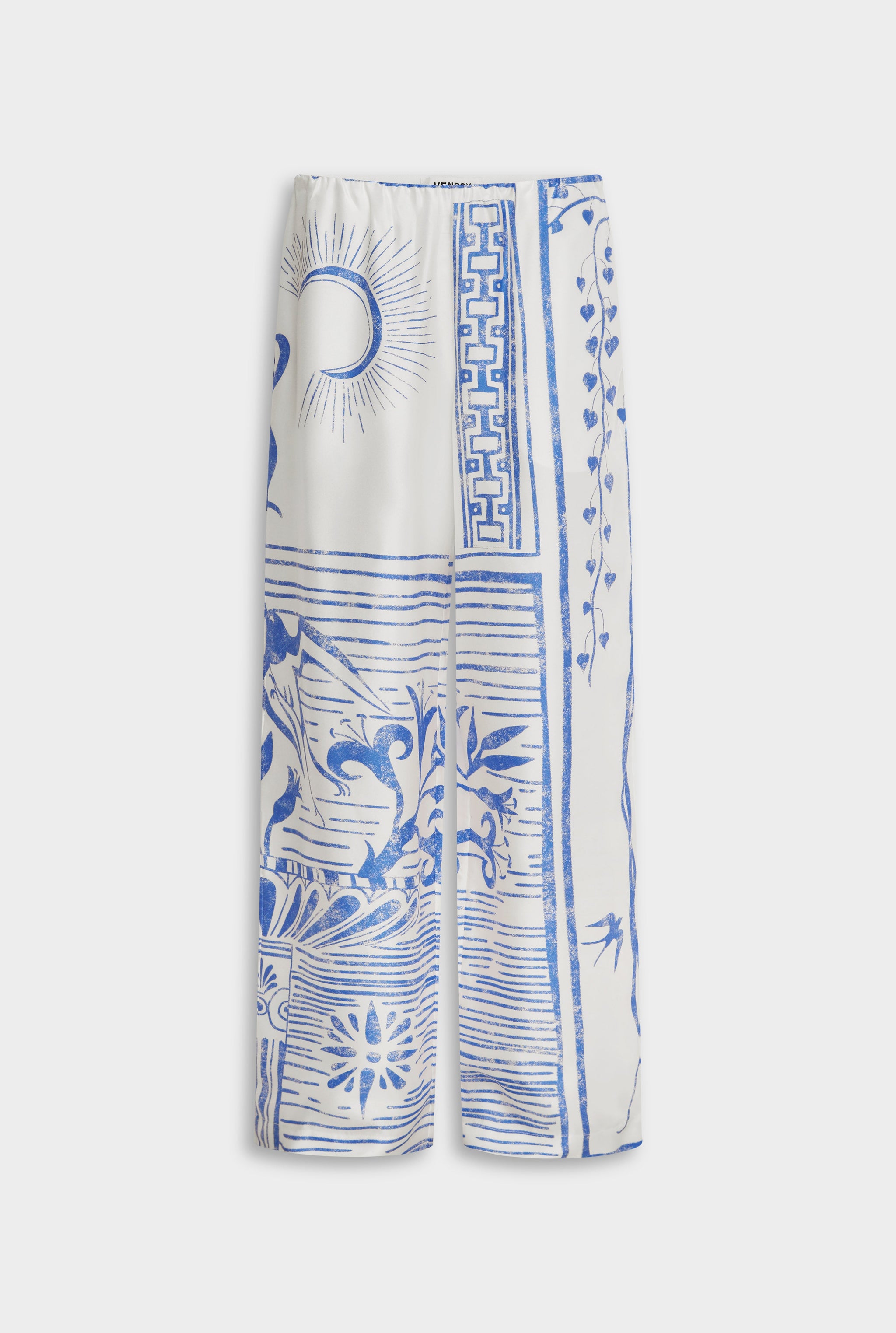 Venroy Silk Relaxed Pant - White/Blue Greek Stamp