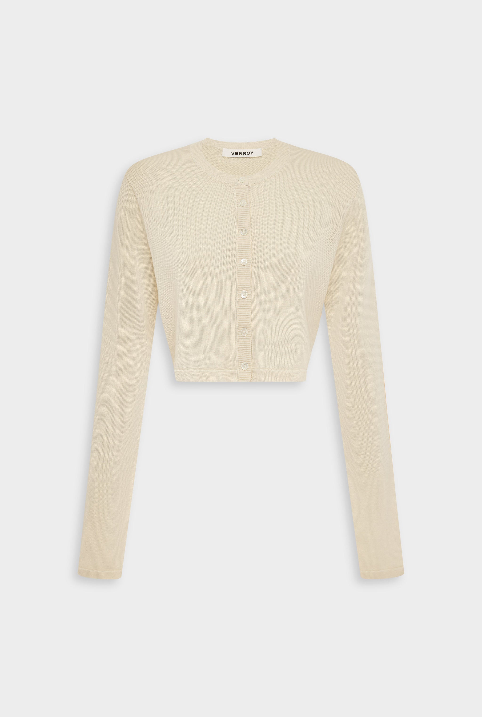 Venroy Tencel Silk Knit Crop Cardigan - Sand