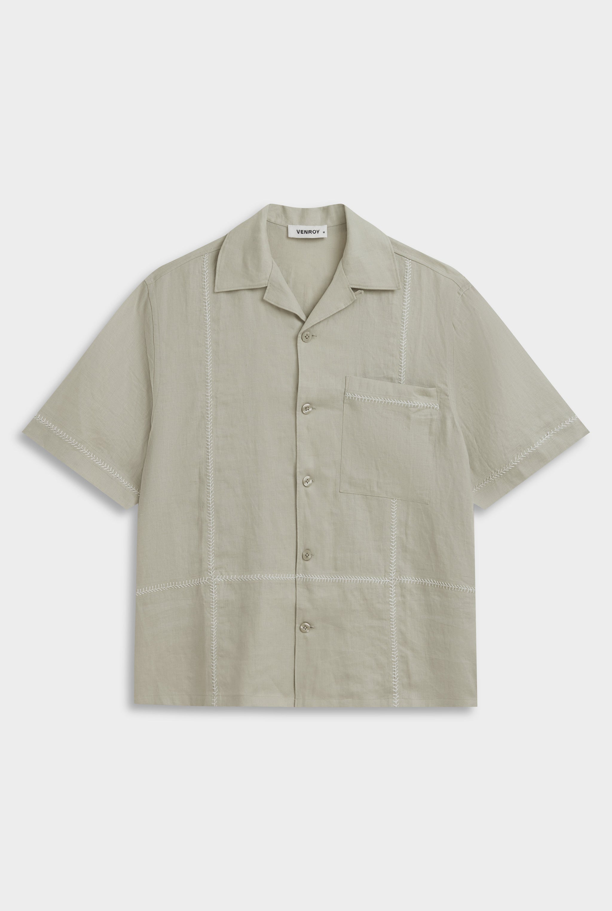 Crochet Stitch Linen Camp Collar Shirt - Fog/White
