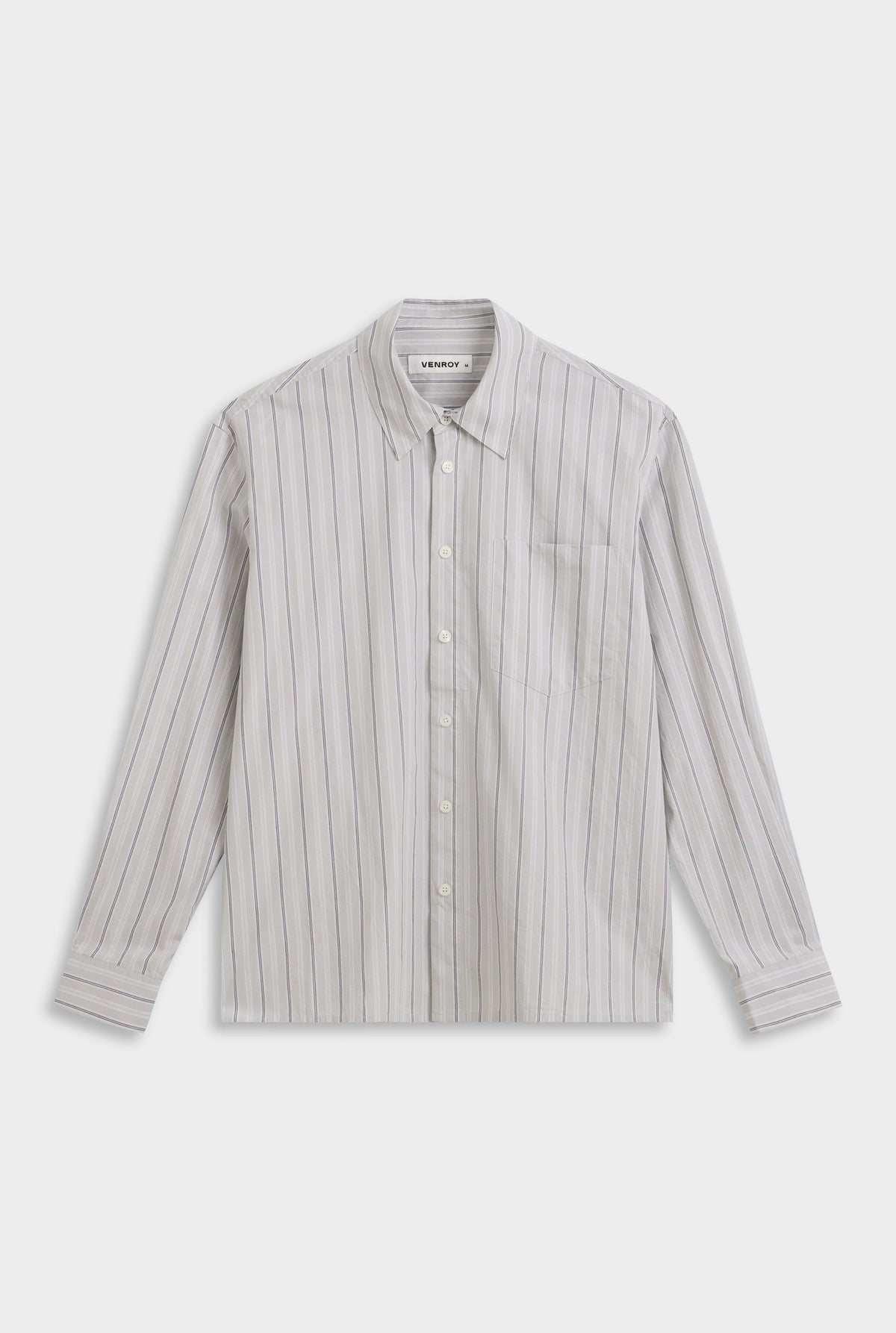 Long Sleeve Relaxed Cotton Poplin Shirt - Taupe/White/Navy Stripe