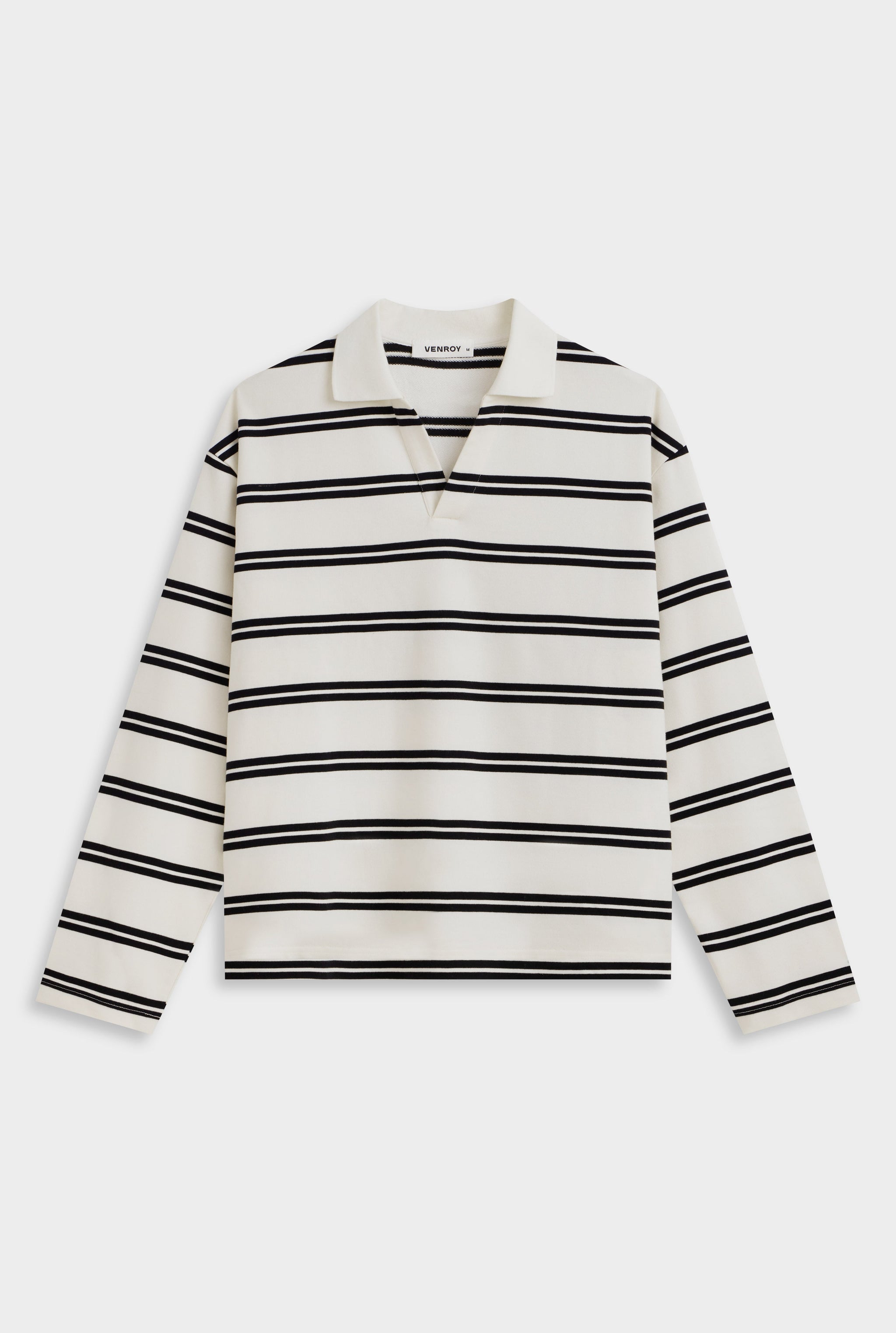 Open Neck Stripe Cotton Polo - Cream/Black Stripe