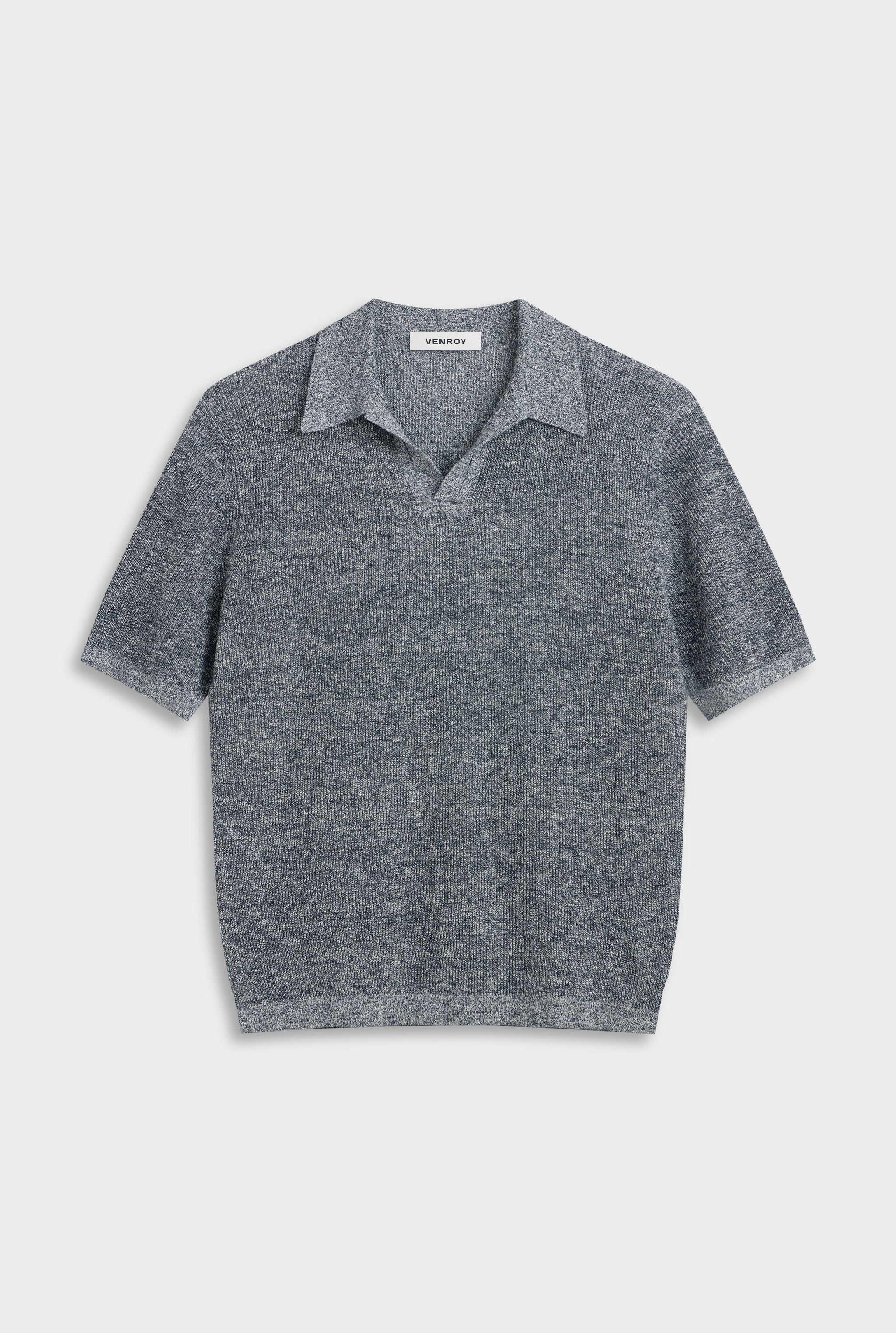 Rib Knit Open Neck Polo - Navy Marl