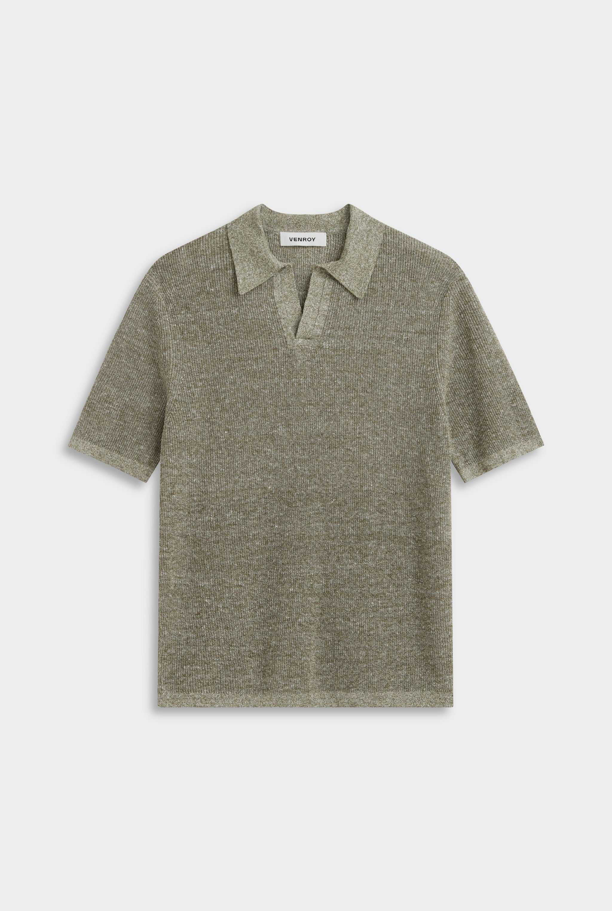 Rib Knit Open Neck Polo - Olive Marl