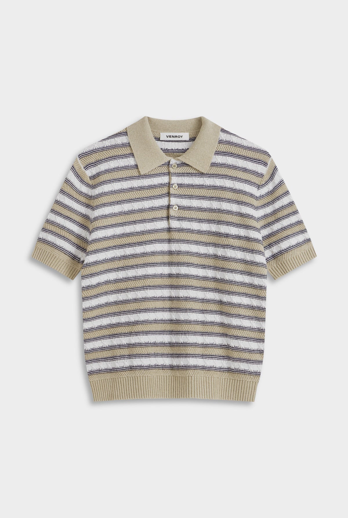 Textured Cotton Linen Knit Polo - White/Navy/Taupe Stripe