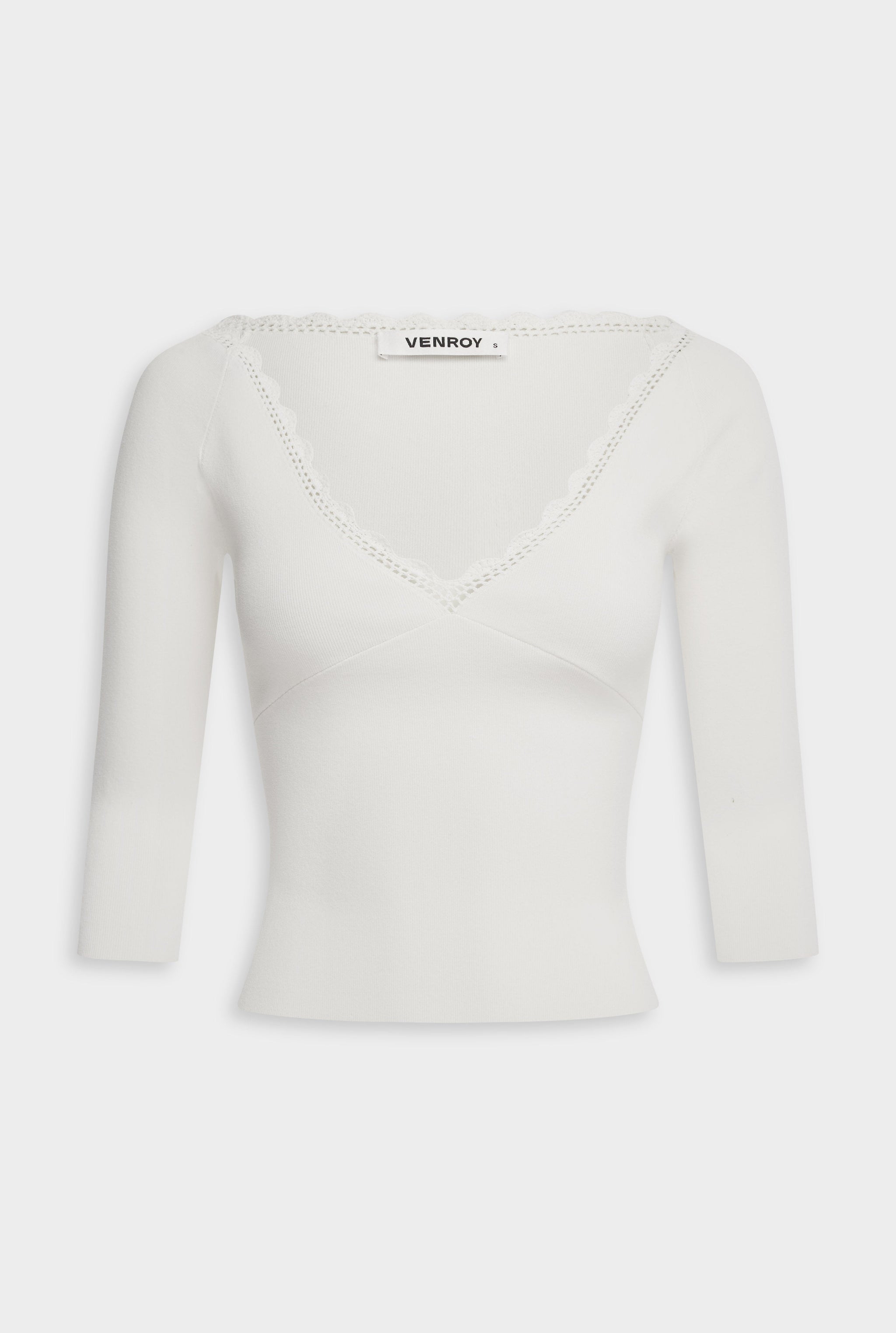 Crochet Trim 3/4 Sleeve Knit Top - Off White