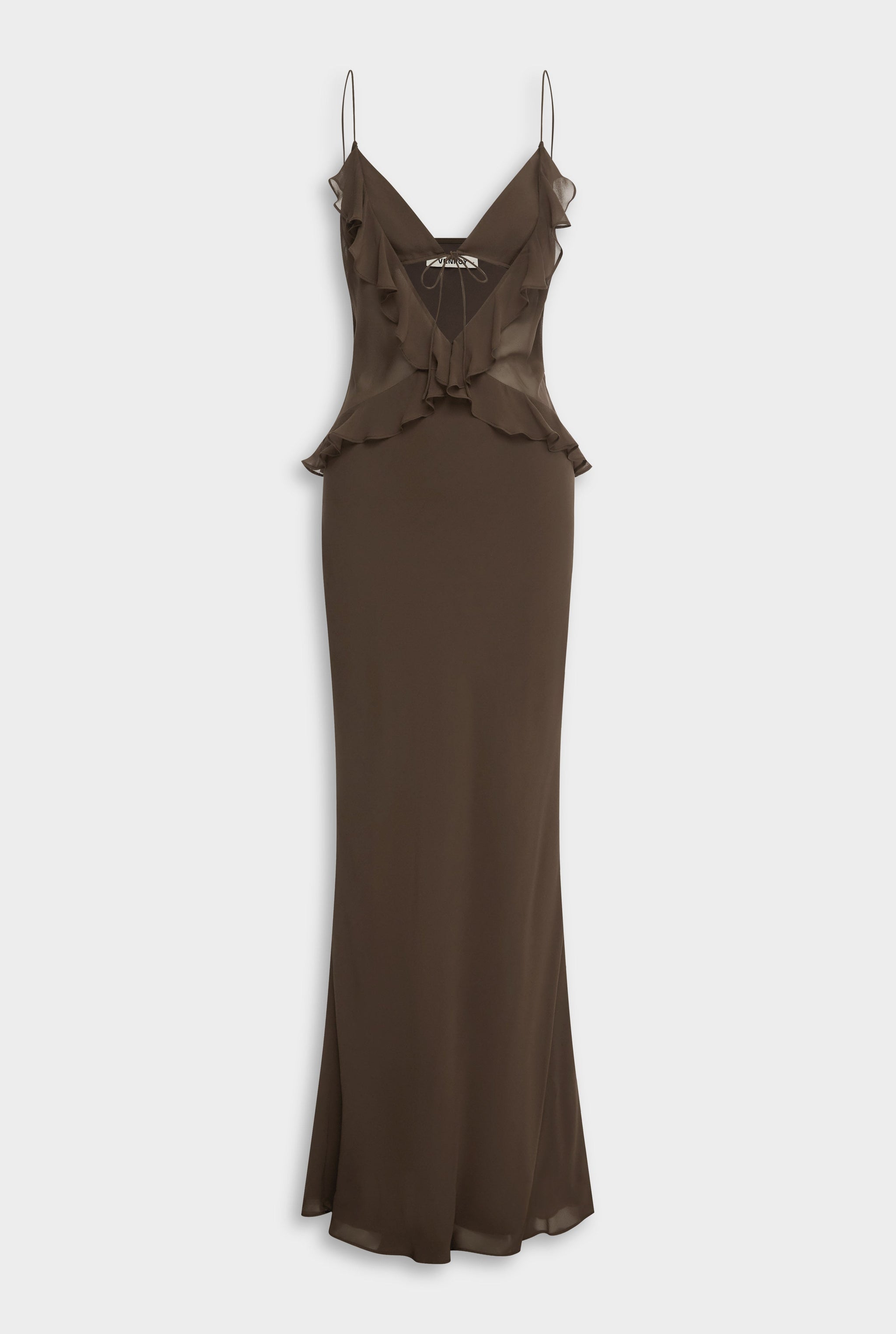Venroy Silk Bralette Ruffle Maxi Dress - Chocolate