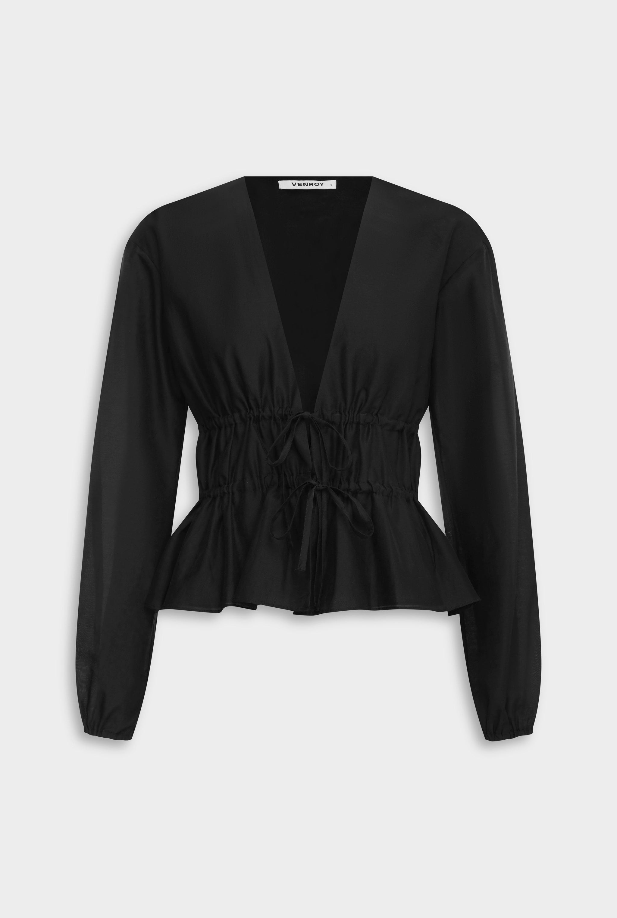 Venroy Silk Cotton Gathered Blouse - Black