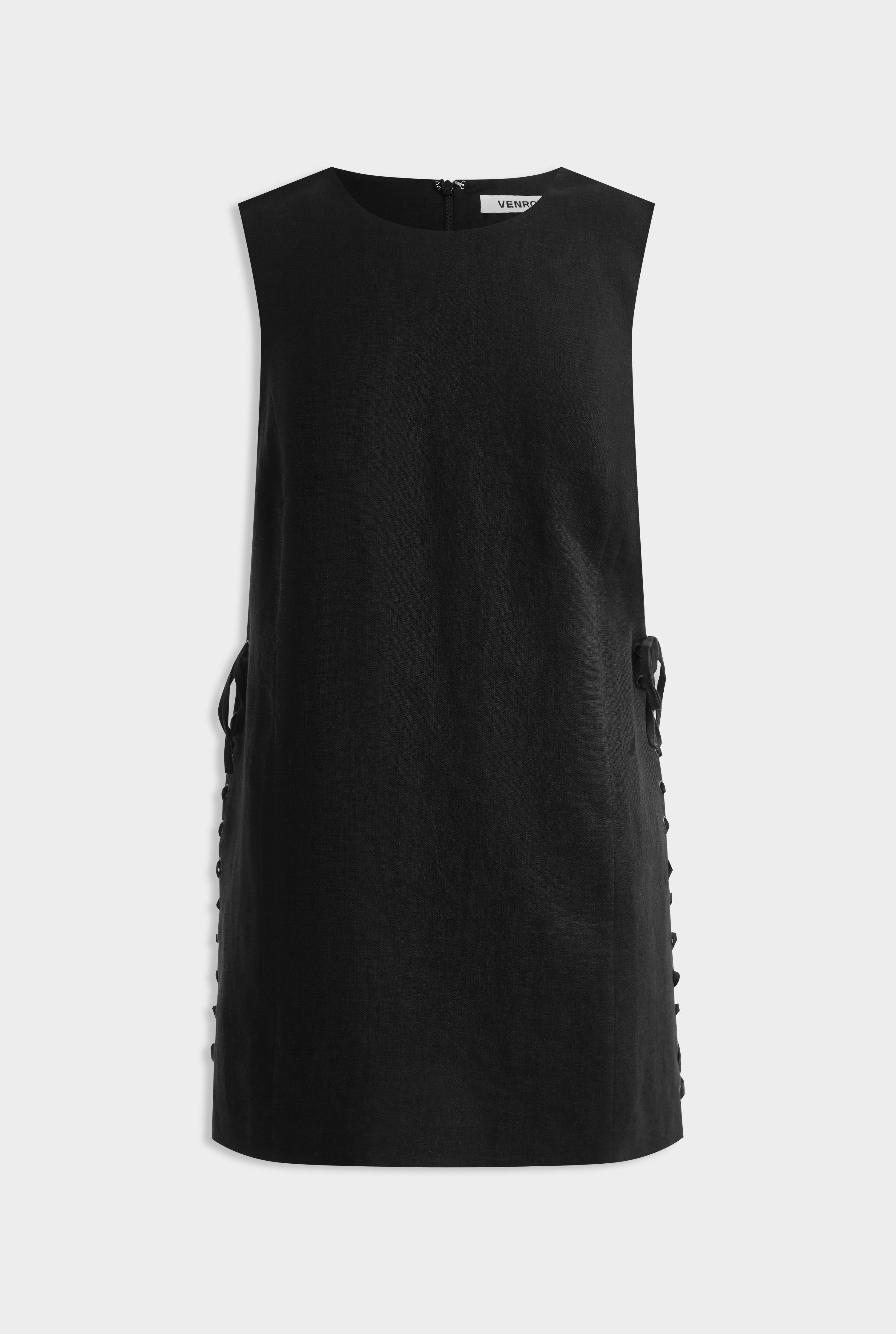 Linen Lace Up Mini Dress - Black